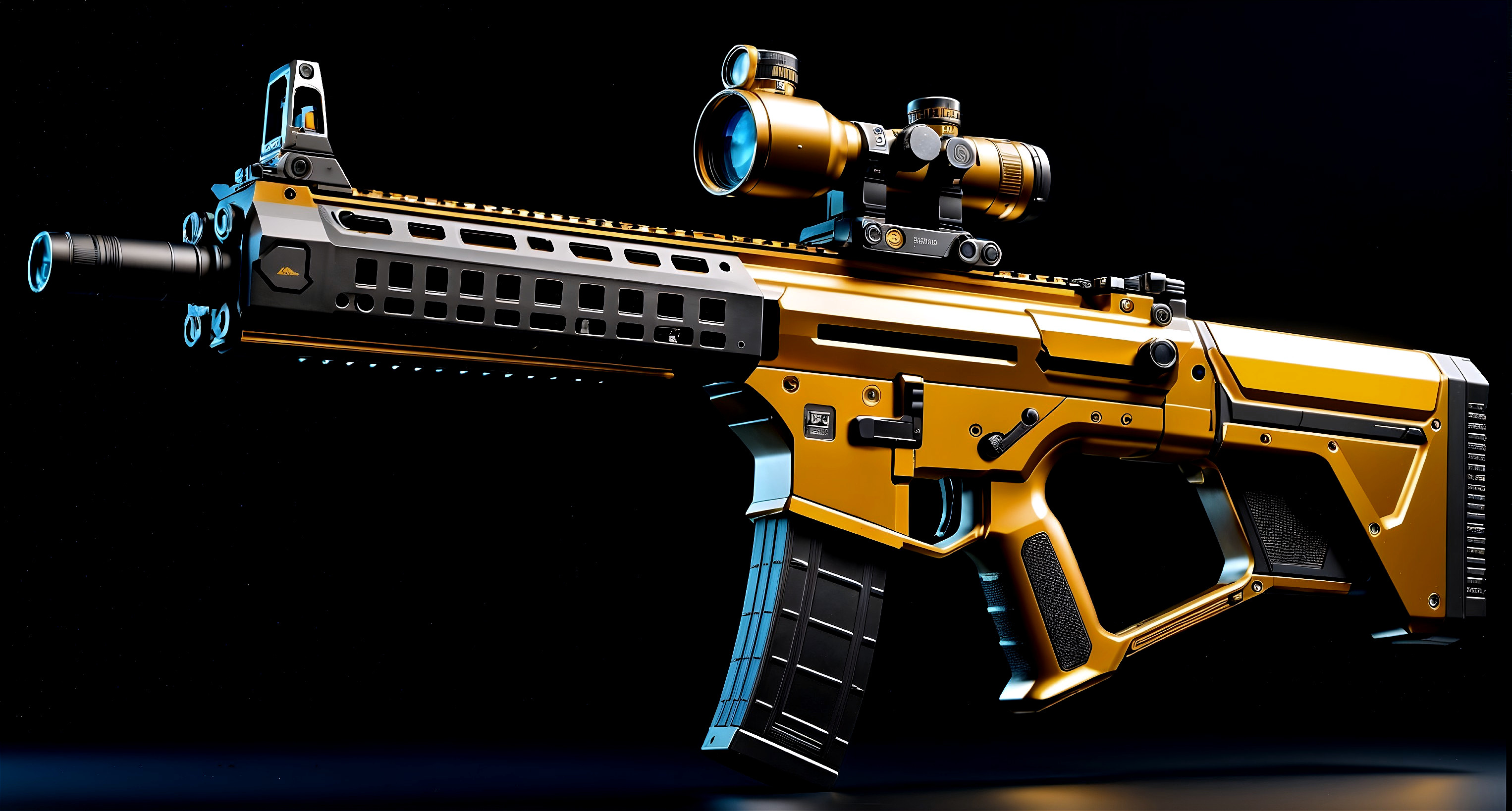 Modern Firearm with Gold and Black Finish Details