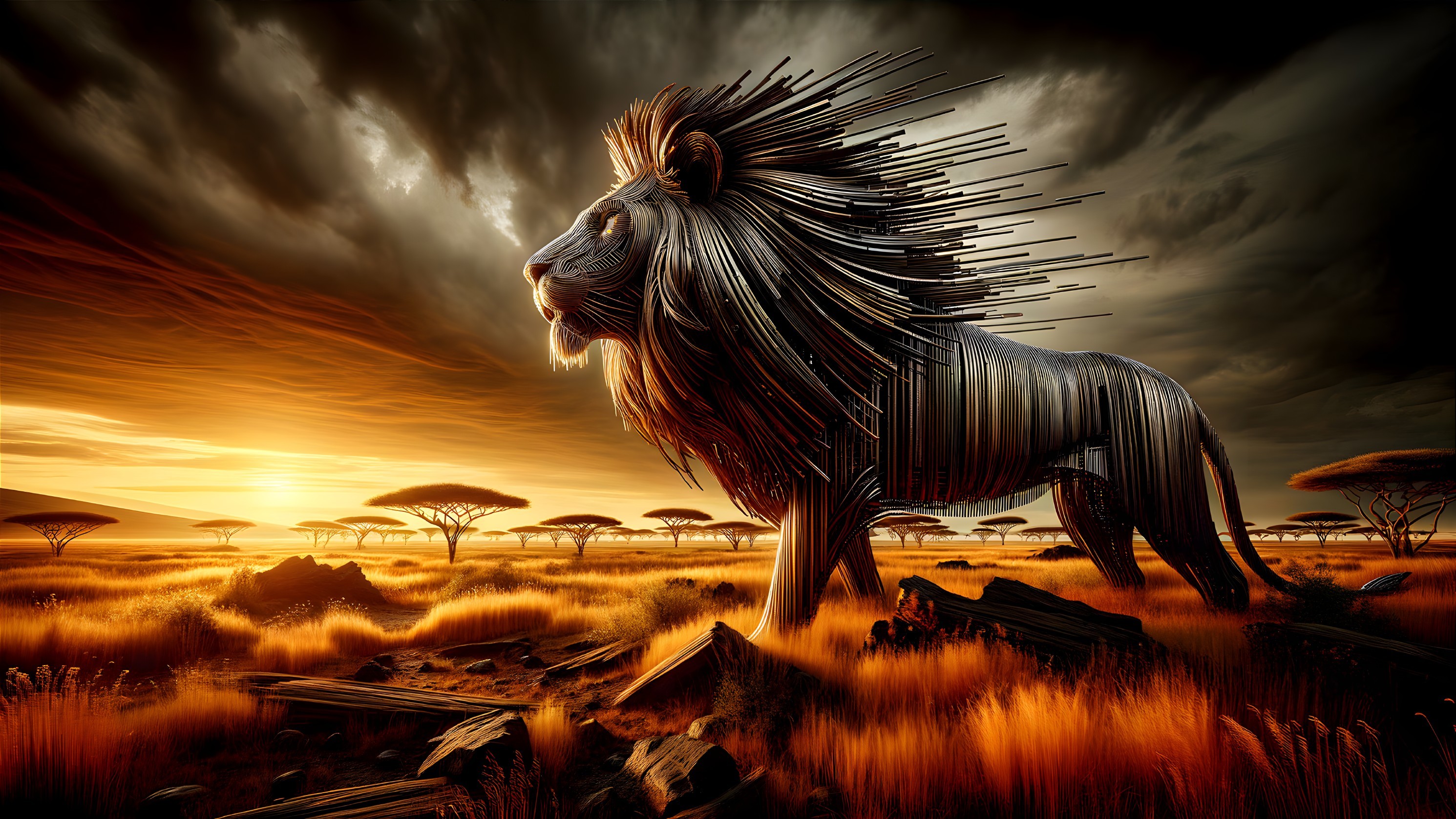 Metallic Lion on Golden Savanna at Sunset