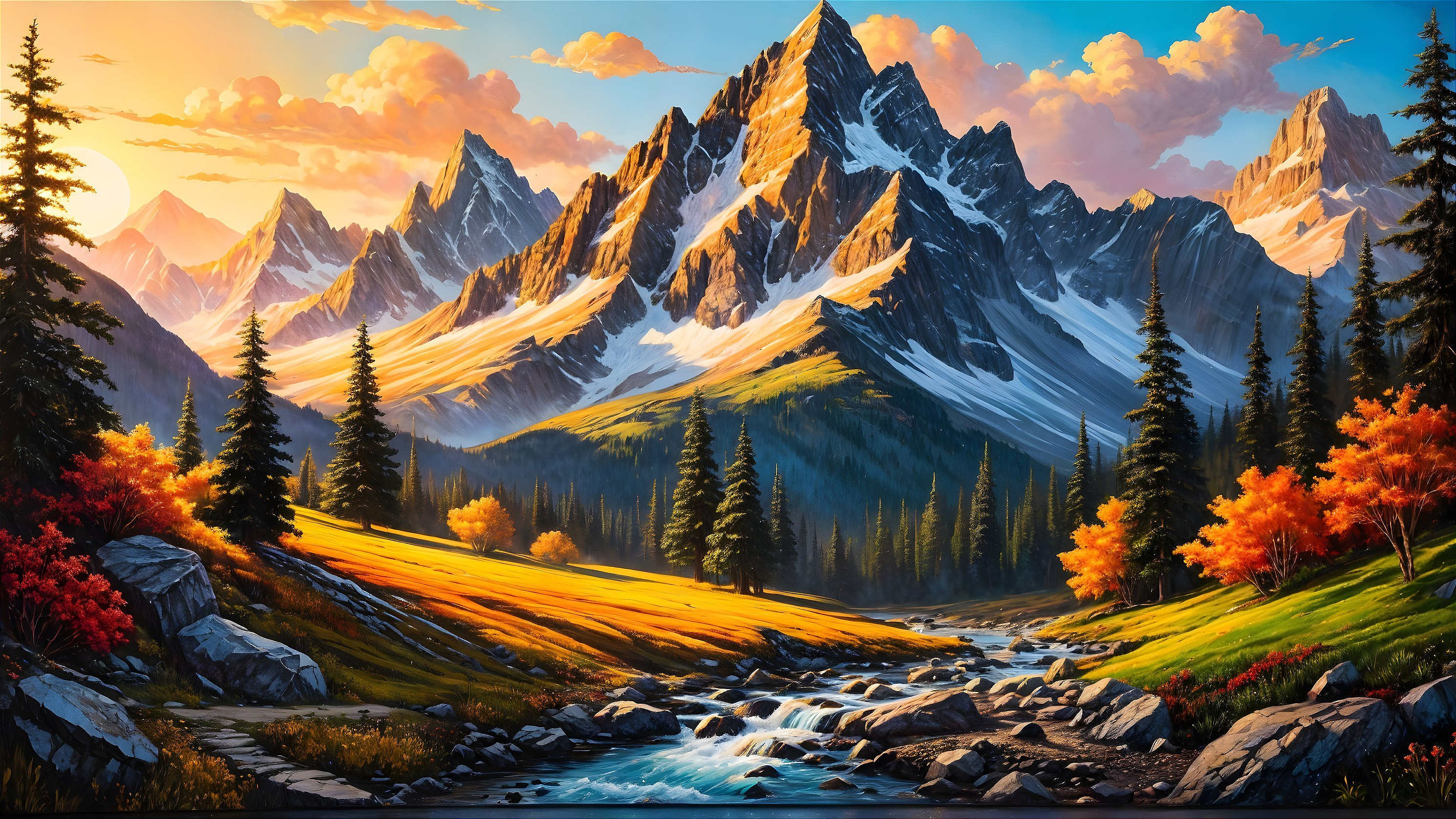 Mountain Landscape at Sunset with Autumn Foliage
