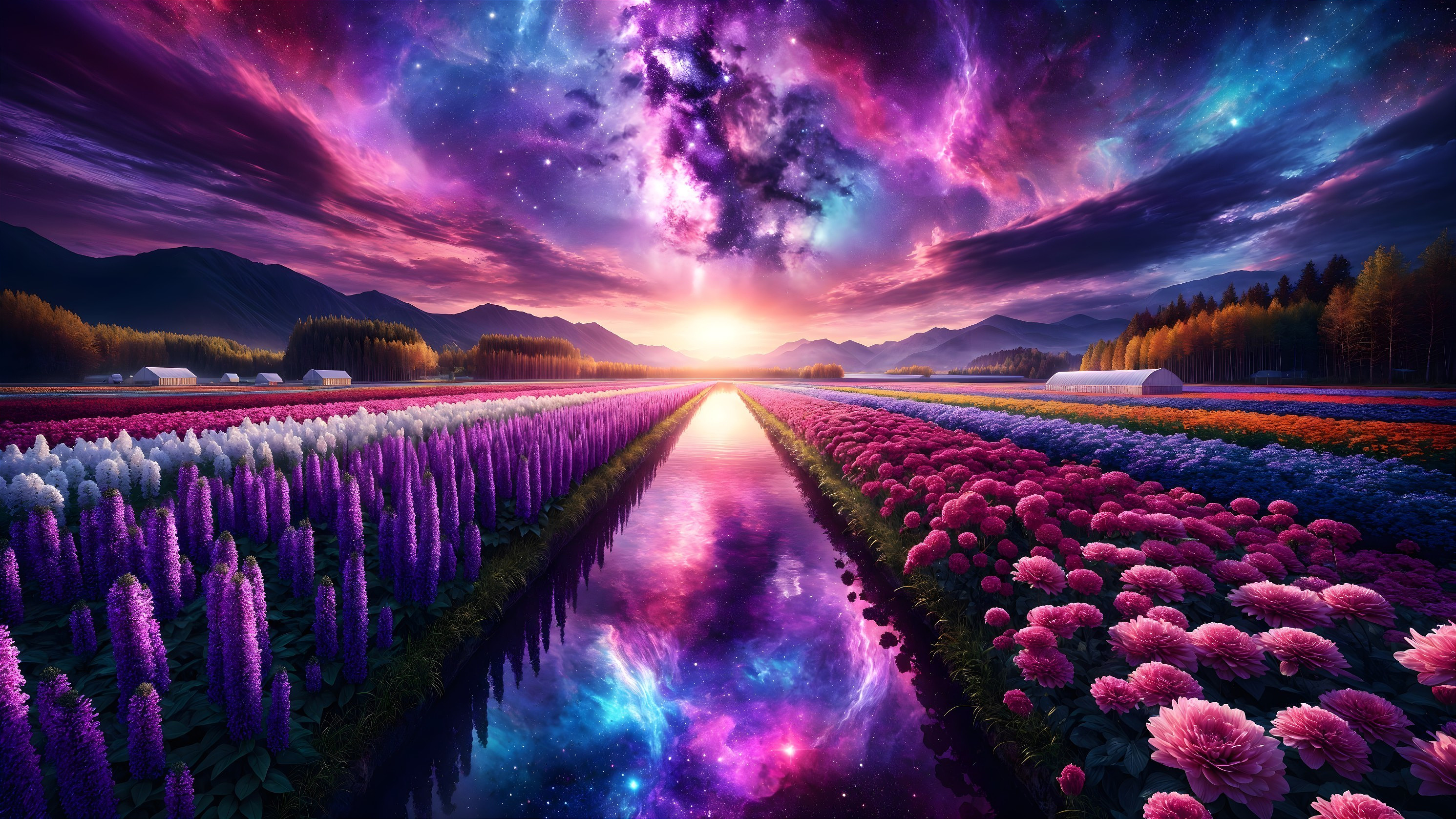 Vibrant Flower Fields with Serene Waterway and Mountains