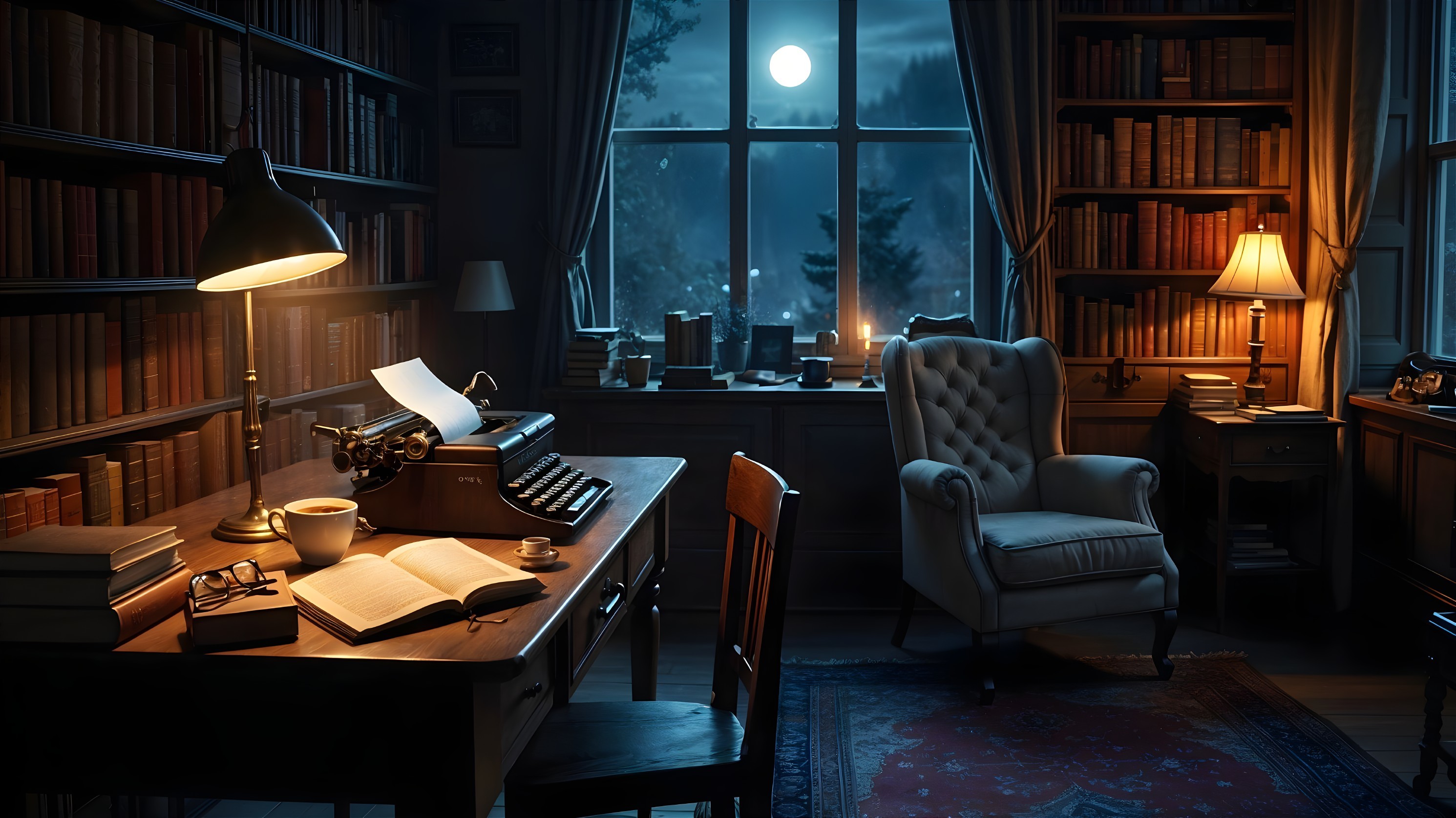 Cozy study with warm lighting and serene night view