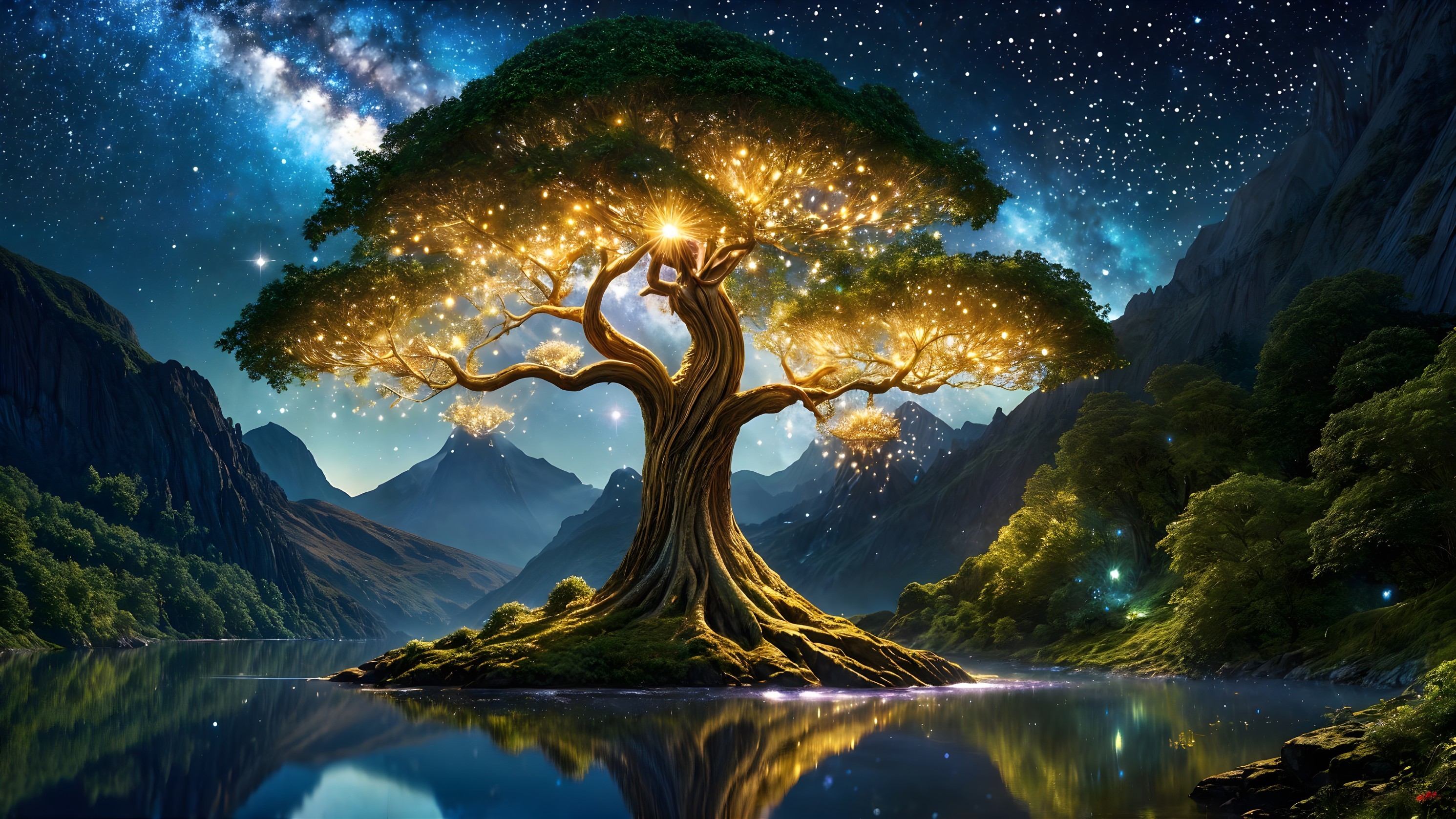 Majestic Tree by Serene Lake Under Starry Sky