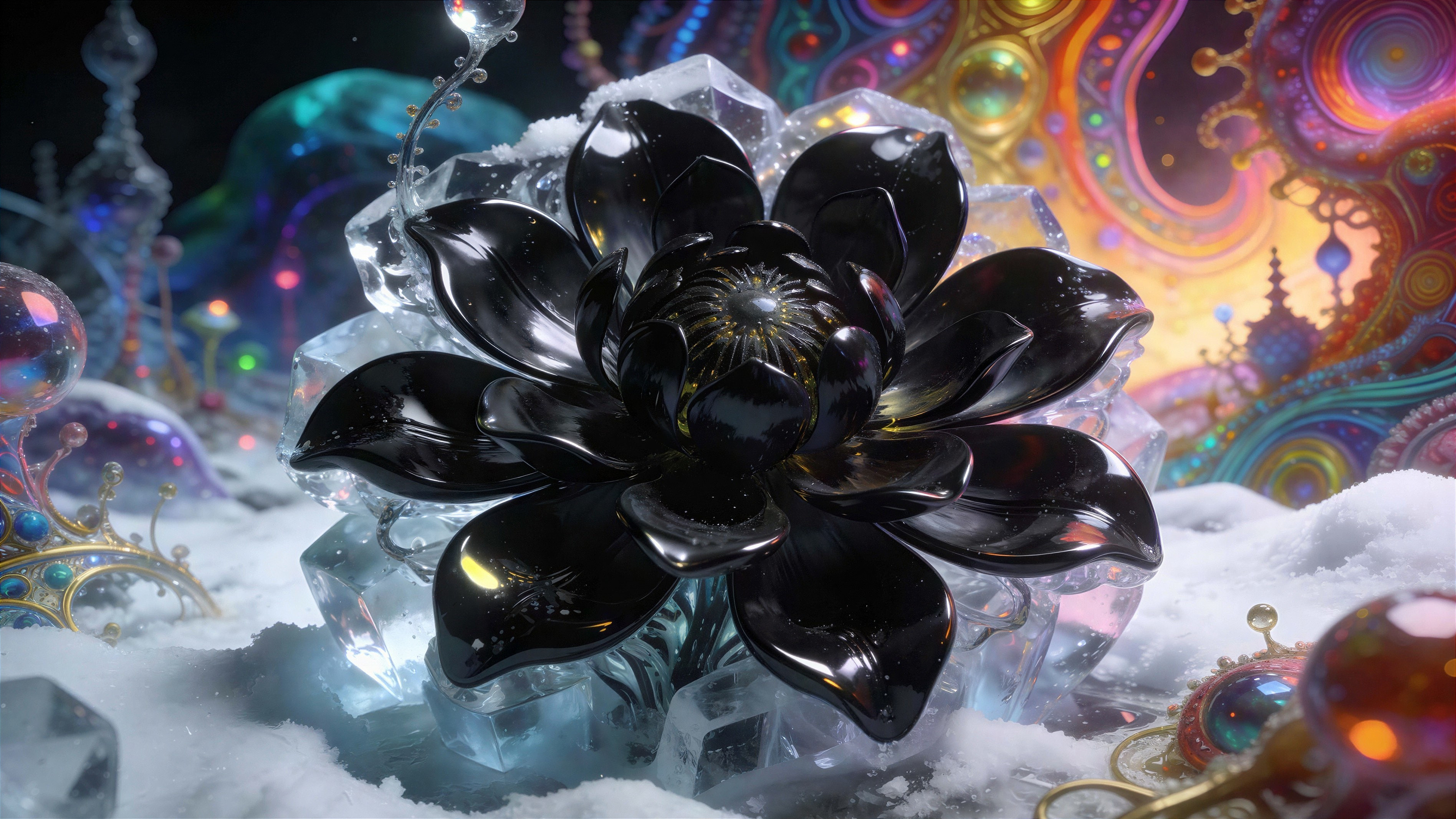 Sparkling Black Lotus Flower on Ice in Winter Wonderland