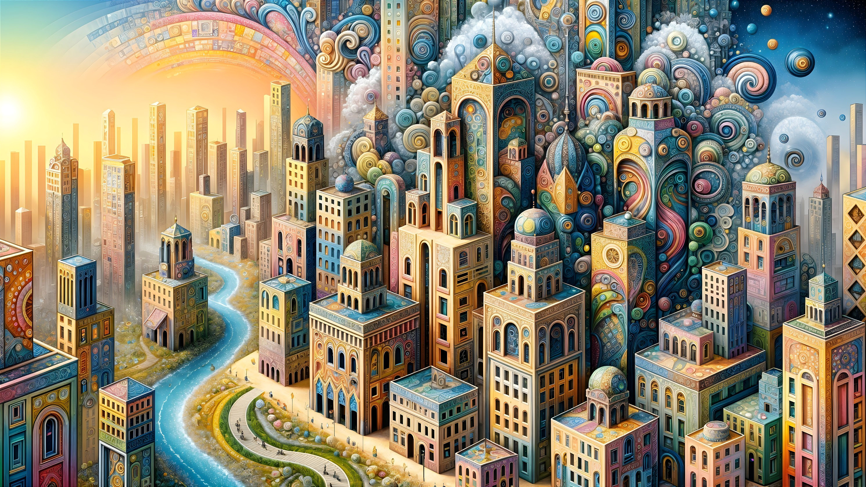 Surreal Cityscape with Colorful Buildings and Patterns