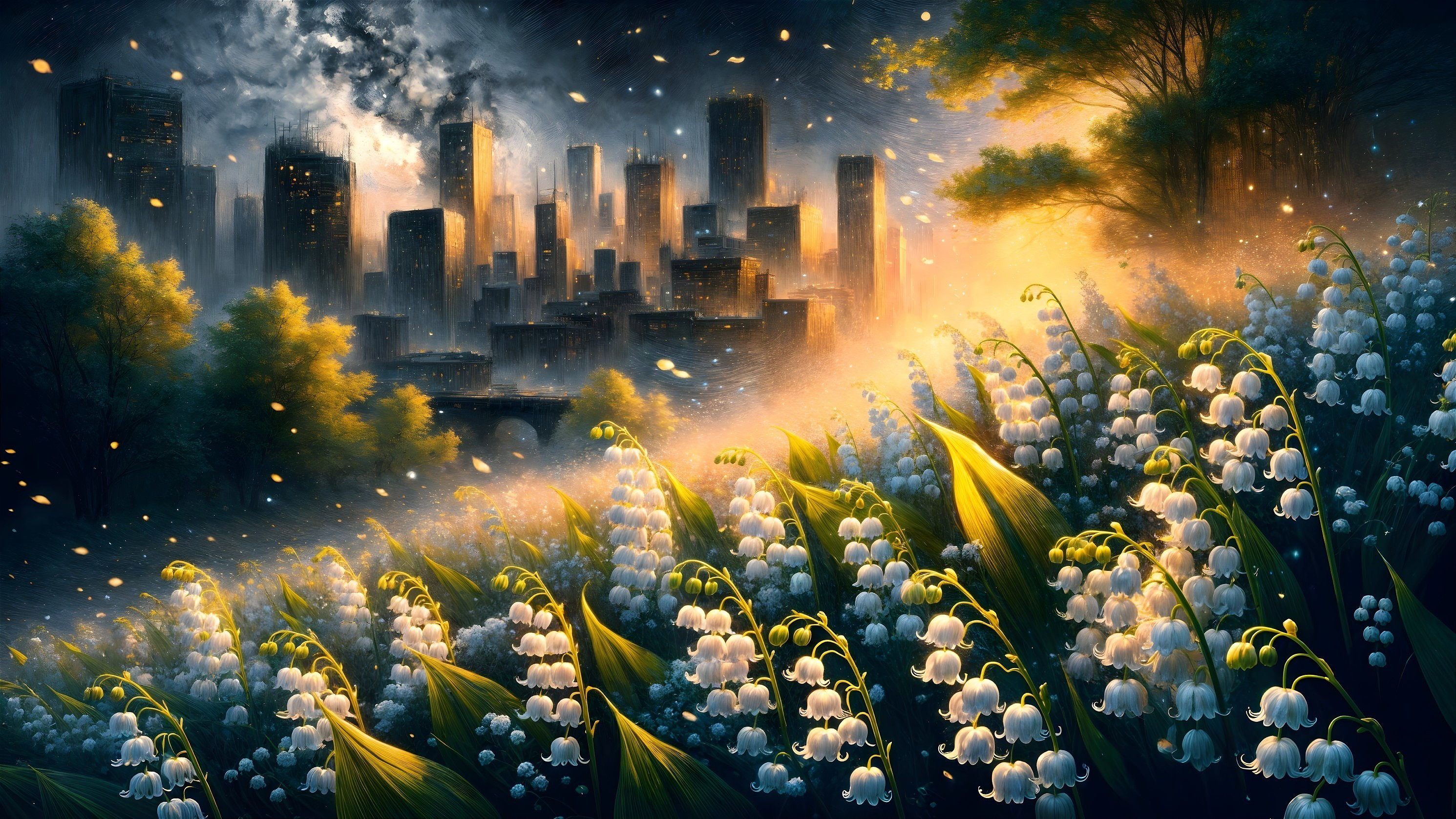 Vibrant Lily of the Valley Fields and City Skyline