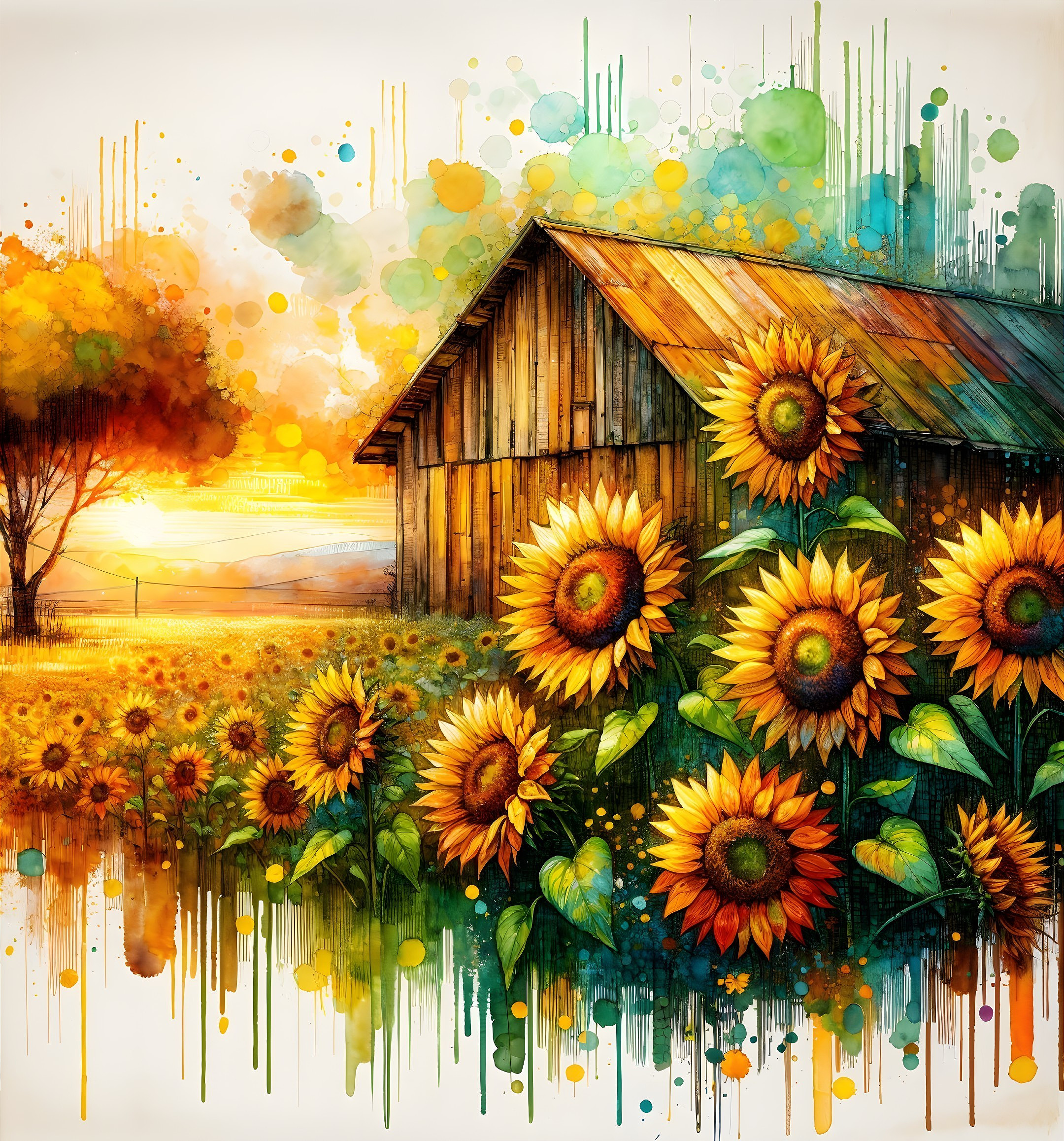 Rustic Barn Surrounded by Sunflowers at Sunset