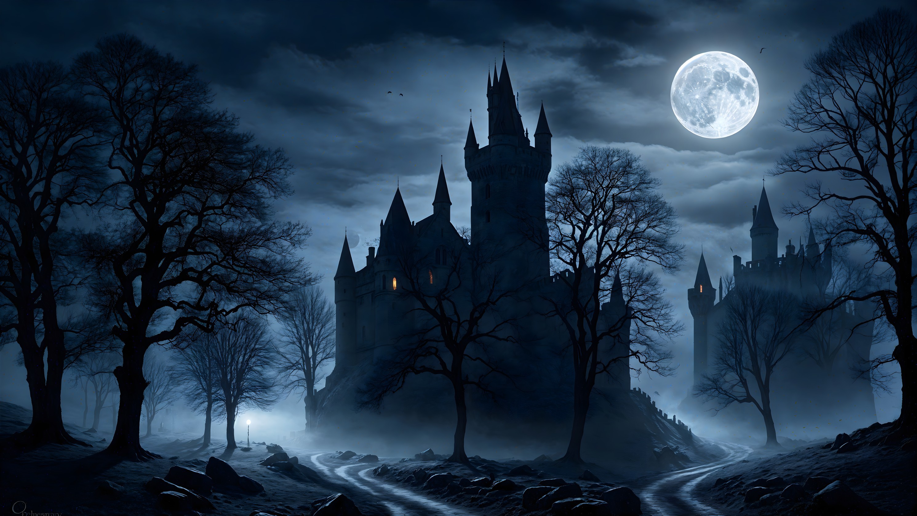 Medieval Castle Under Moonlight with Gnarled Trees