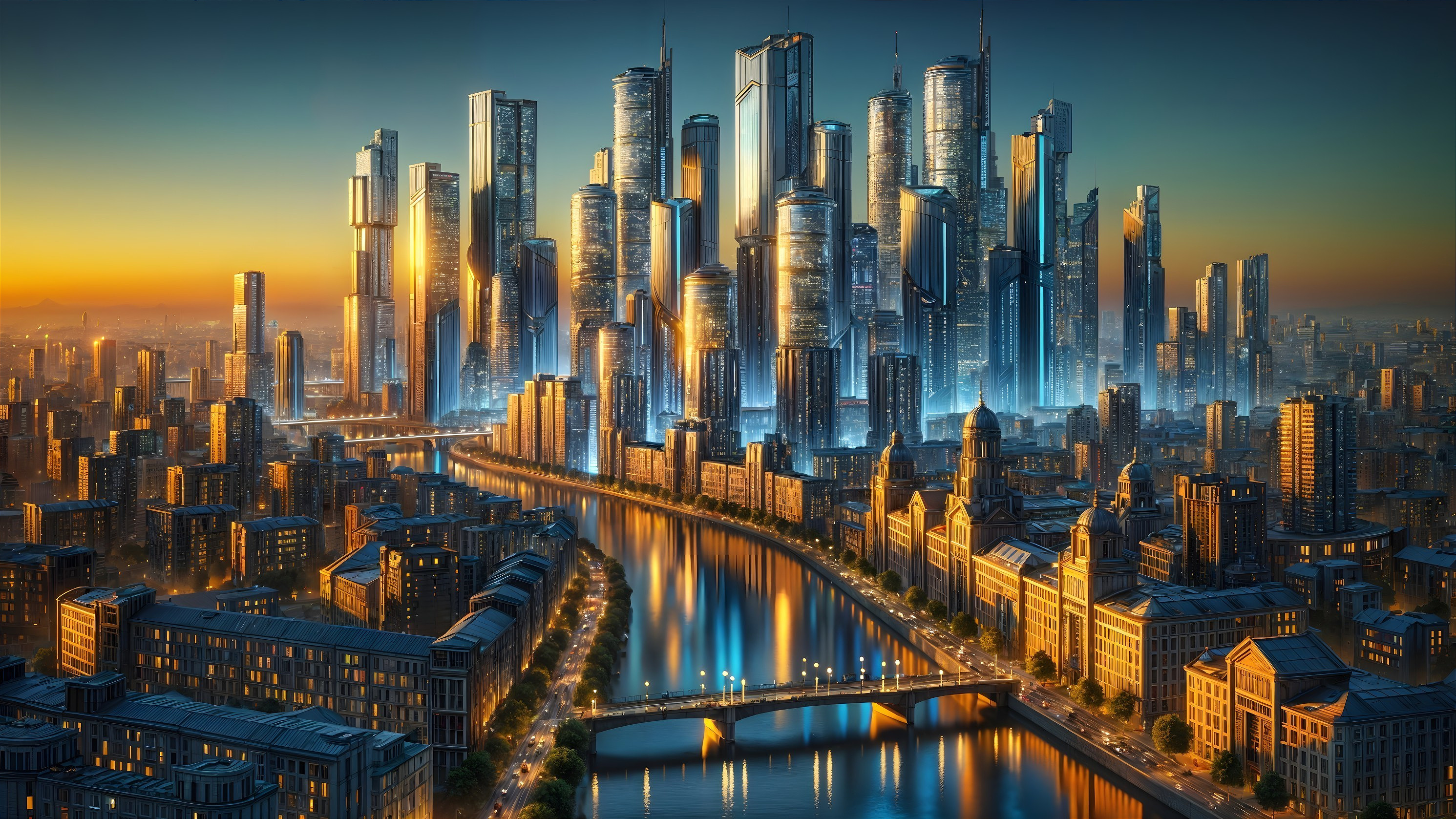 City skyline at dusk with illuminated skyscrapers