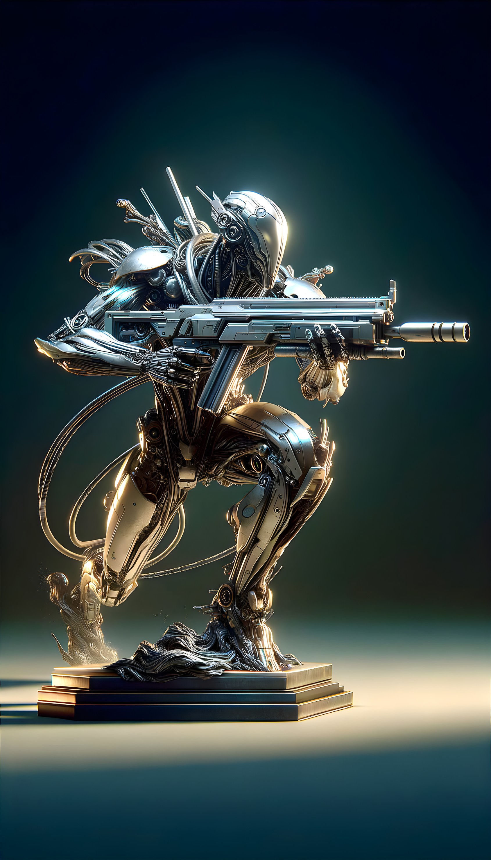 Futuristic sniper robot statue with intricate armor and mechanical details