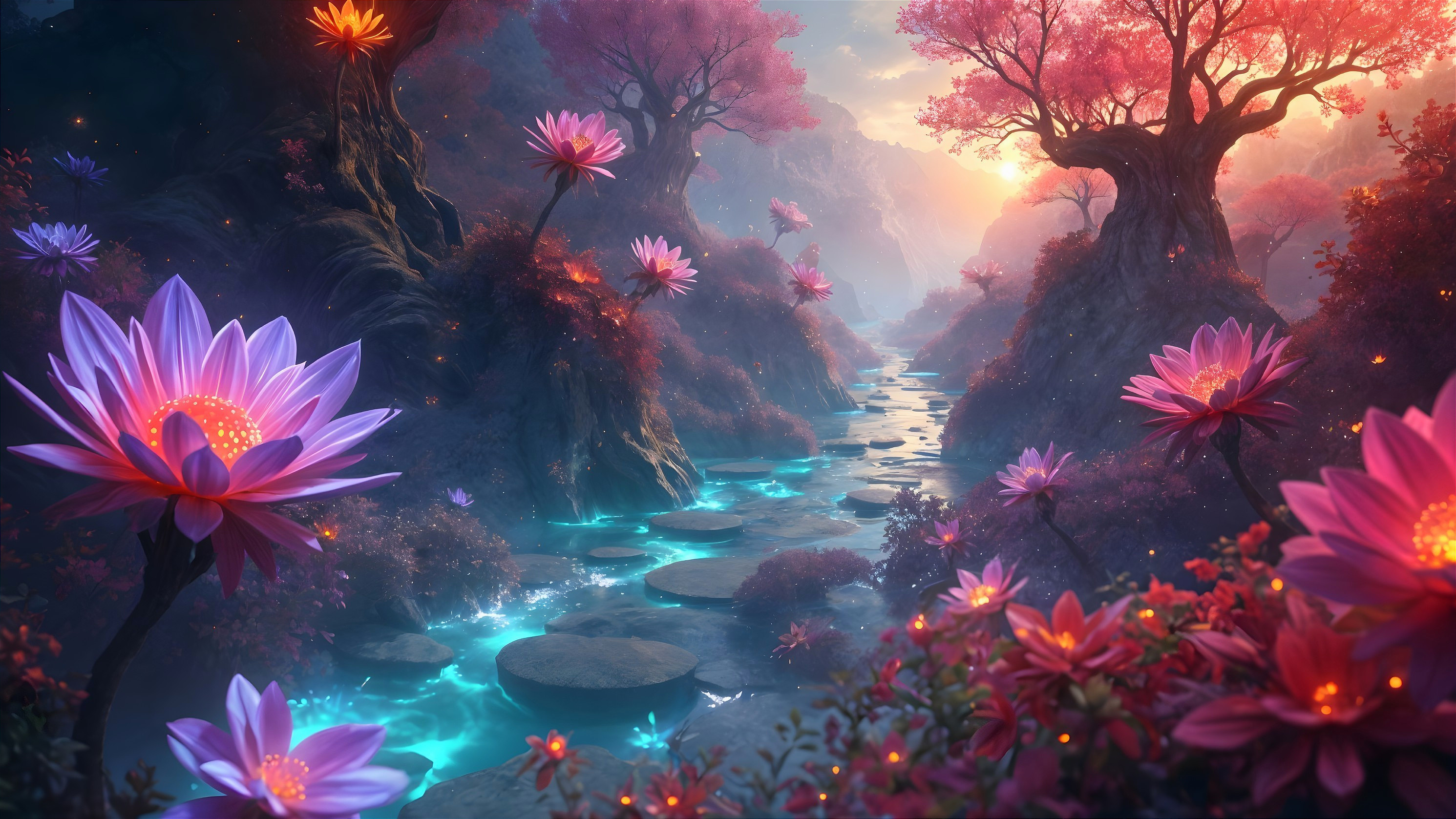 Tranquil Stream in Vibrant Pink and Purple Landscape