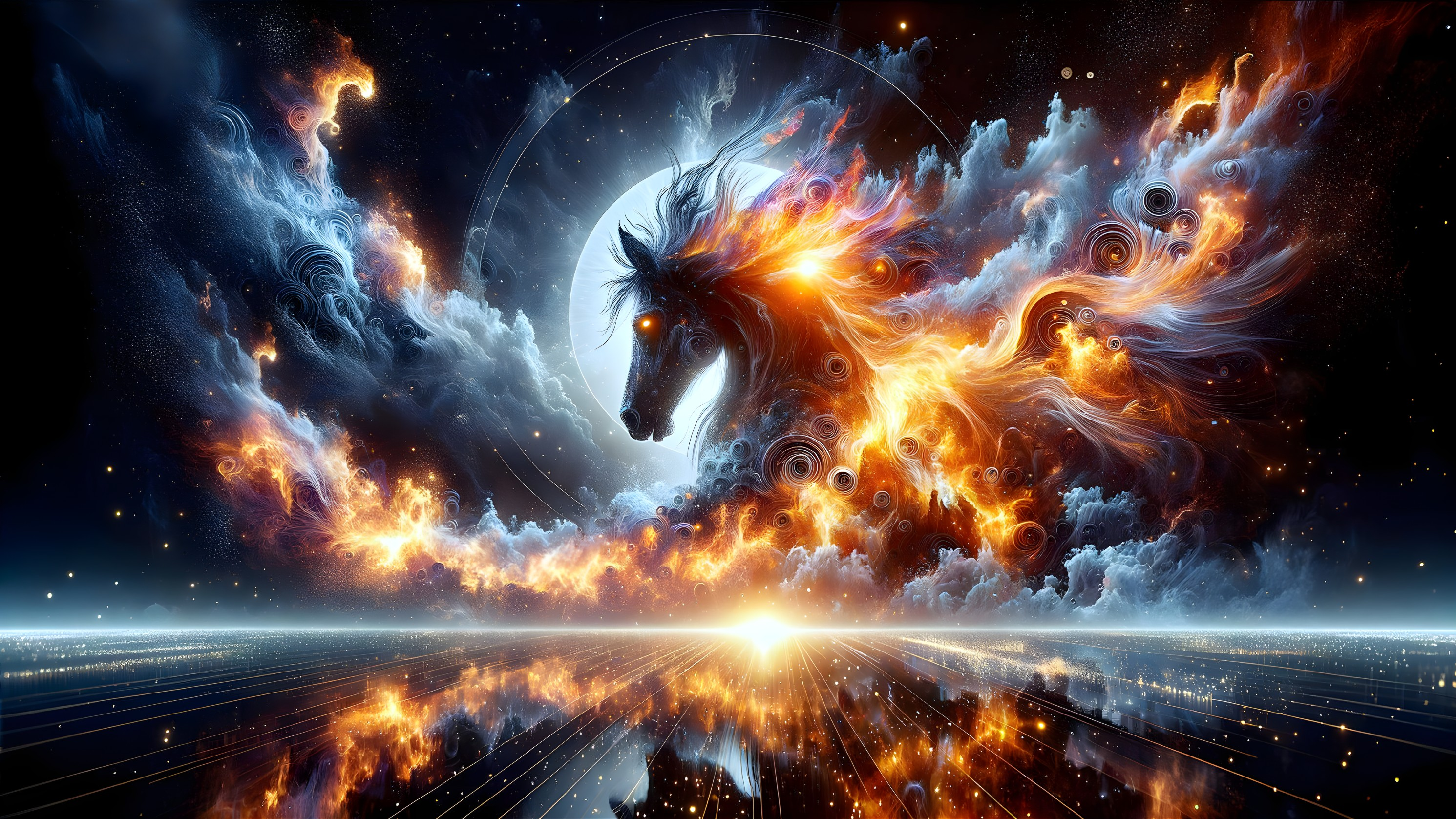 Celestial Scene of a Fiery Horse and Luminous Moon