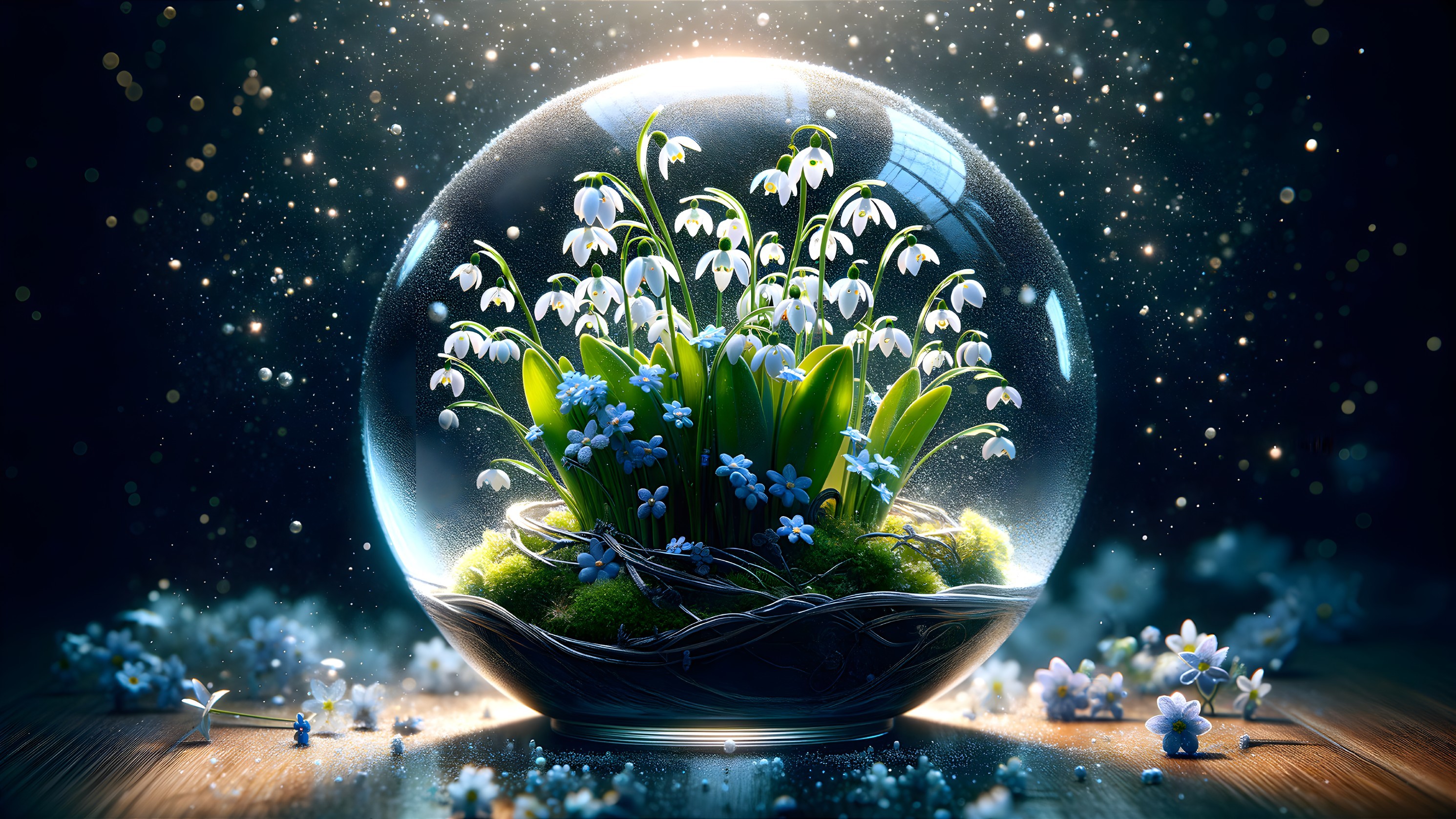 Glass Snow Globe with Snowdrop and Forget-Me-Not Flowers