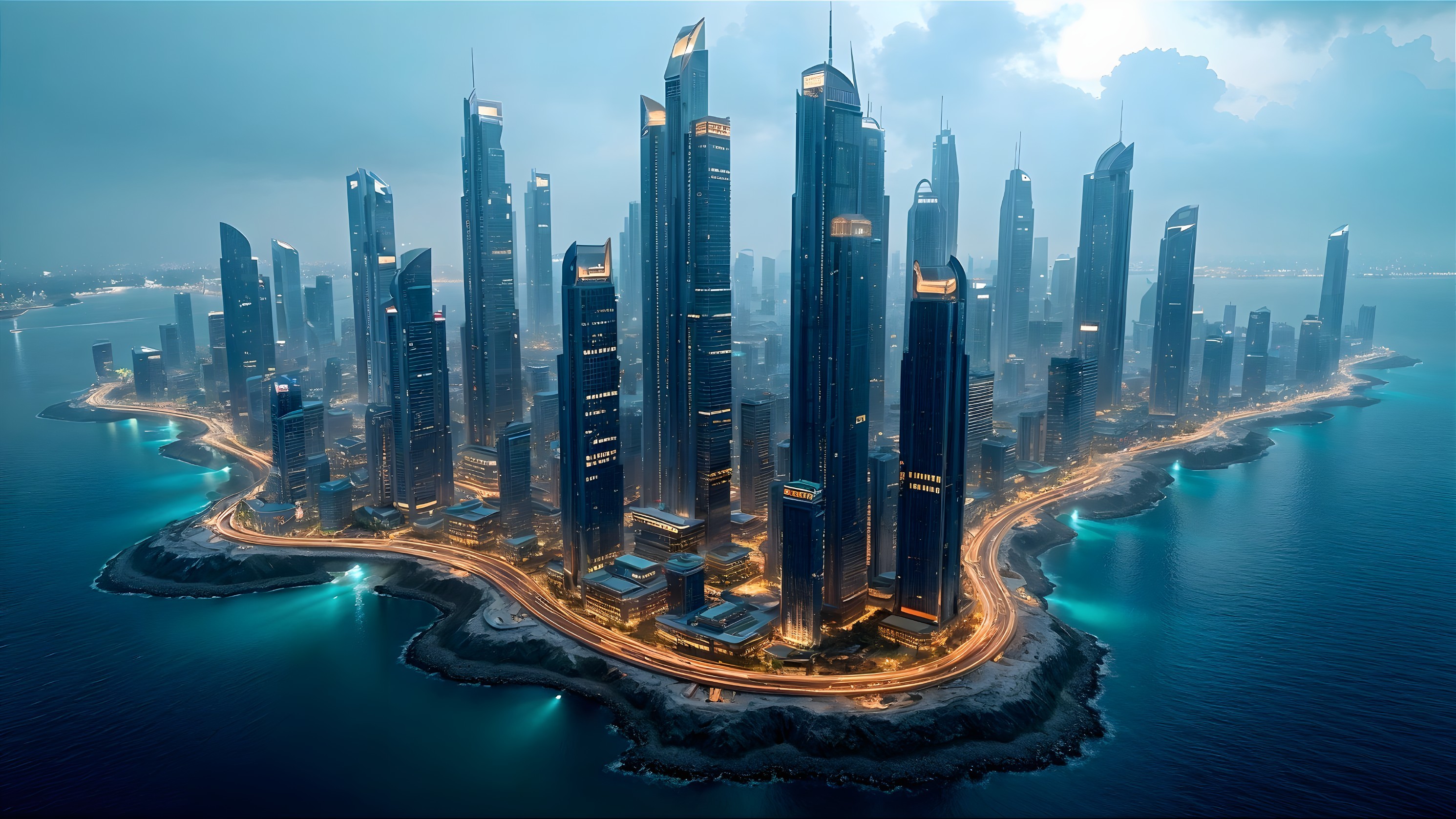 Aerial View of Futuristic Cityscape at Twilight