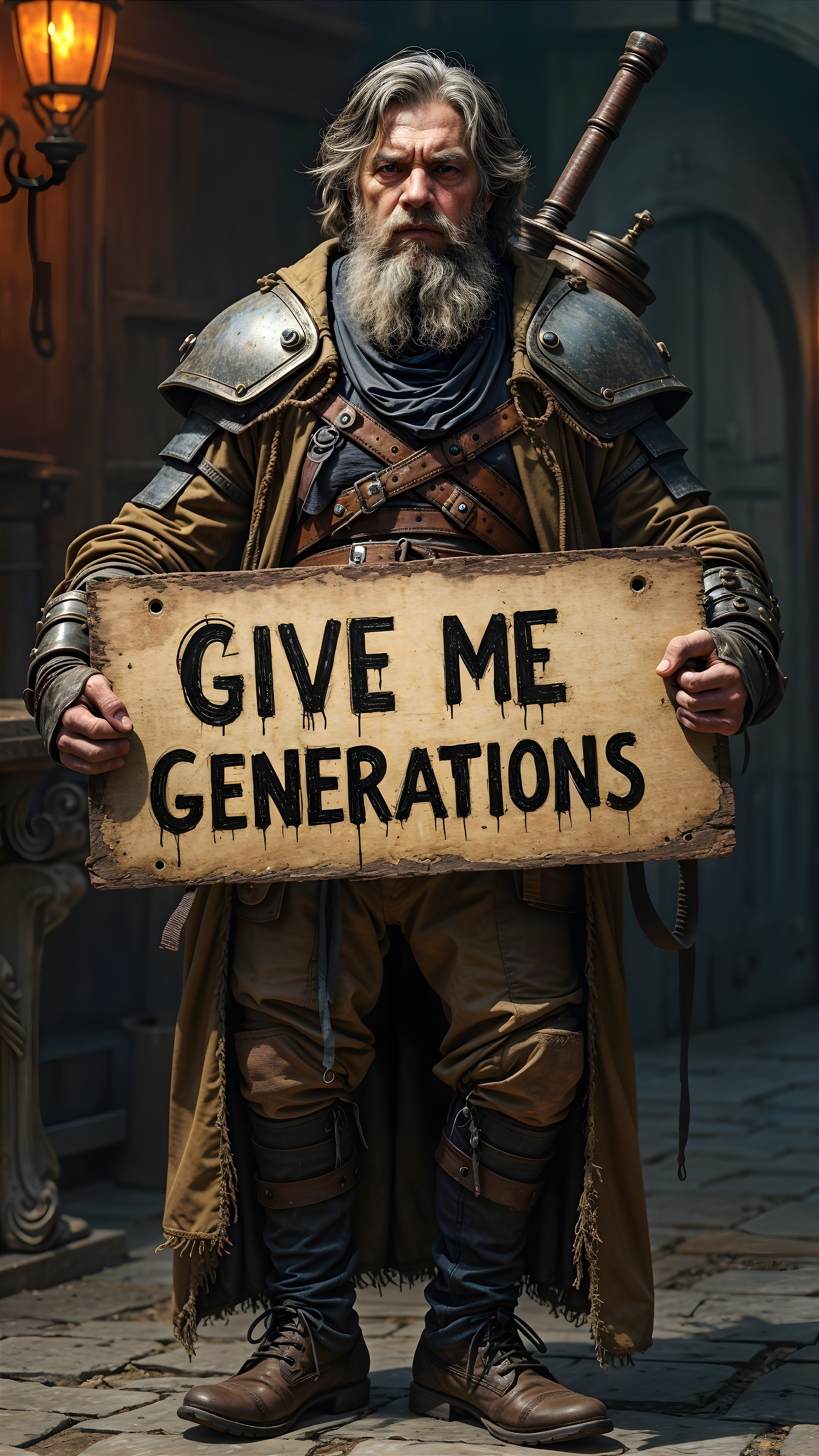 Rugged Man in Medieval Armor with Wooden Sign