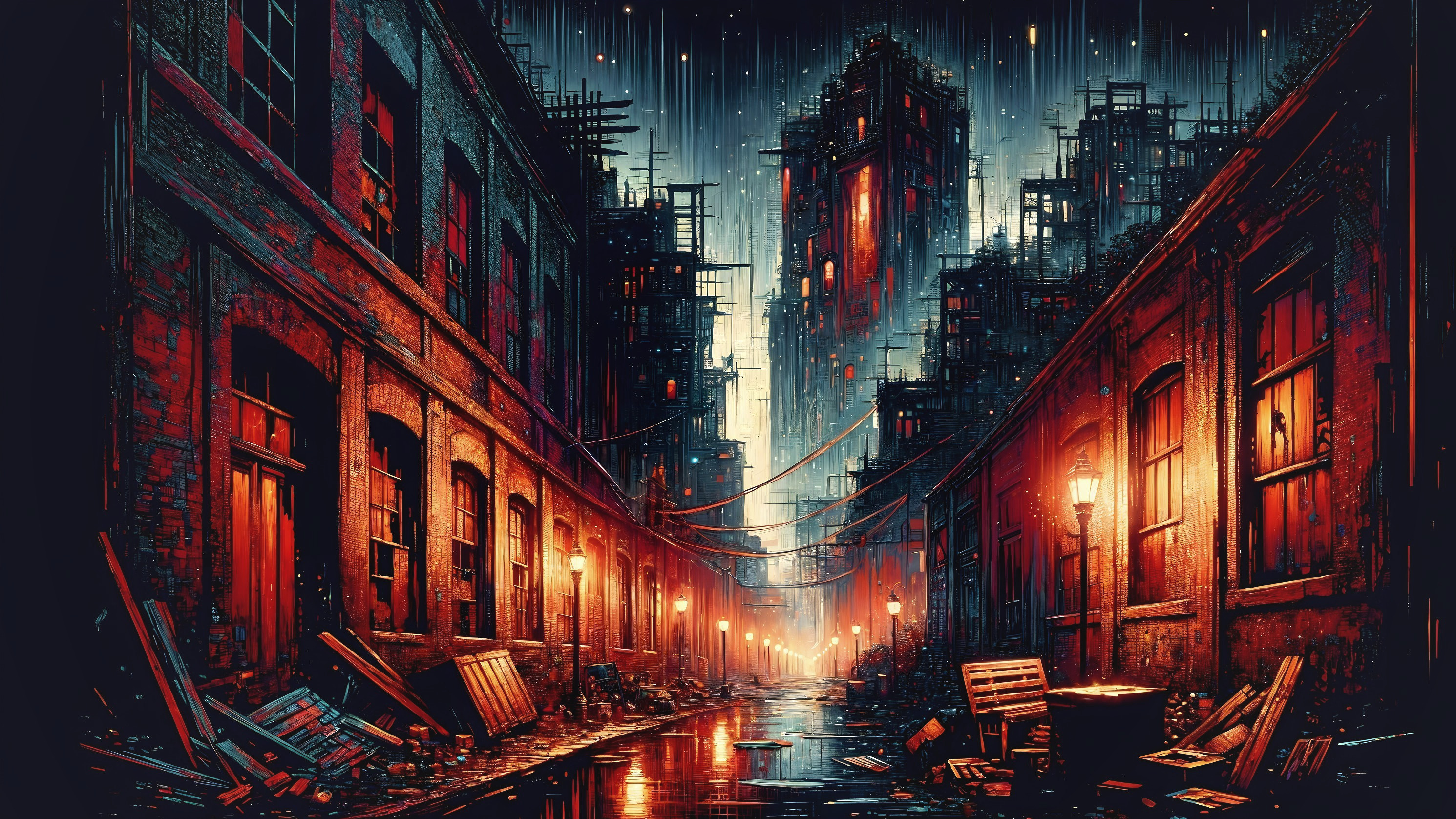 Rain-Soaked Alleyway with Crumbling Brick Buildings