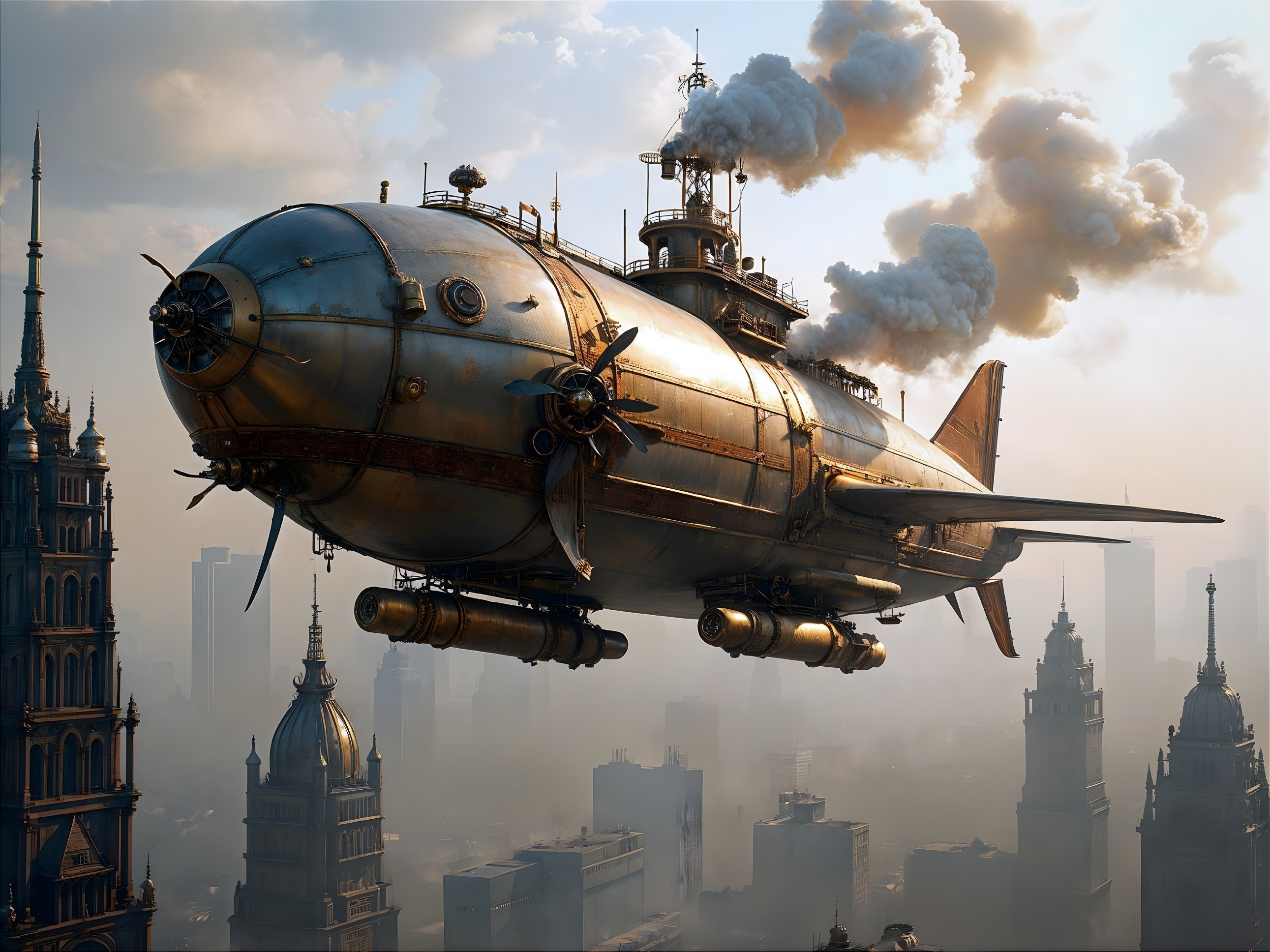 Steampunk Airship Overlooking a Cityscape