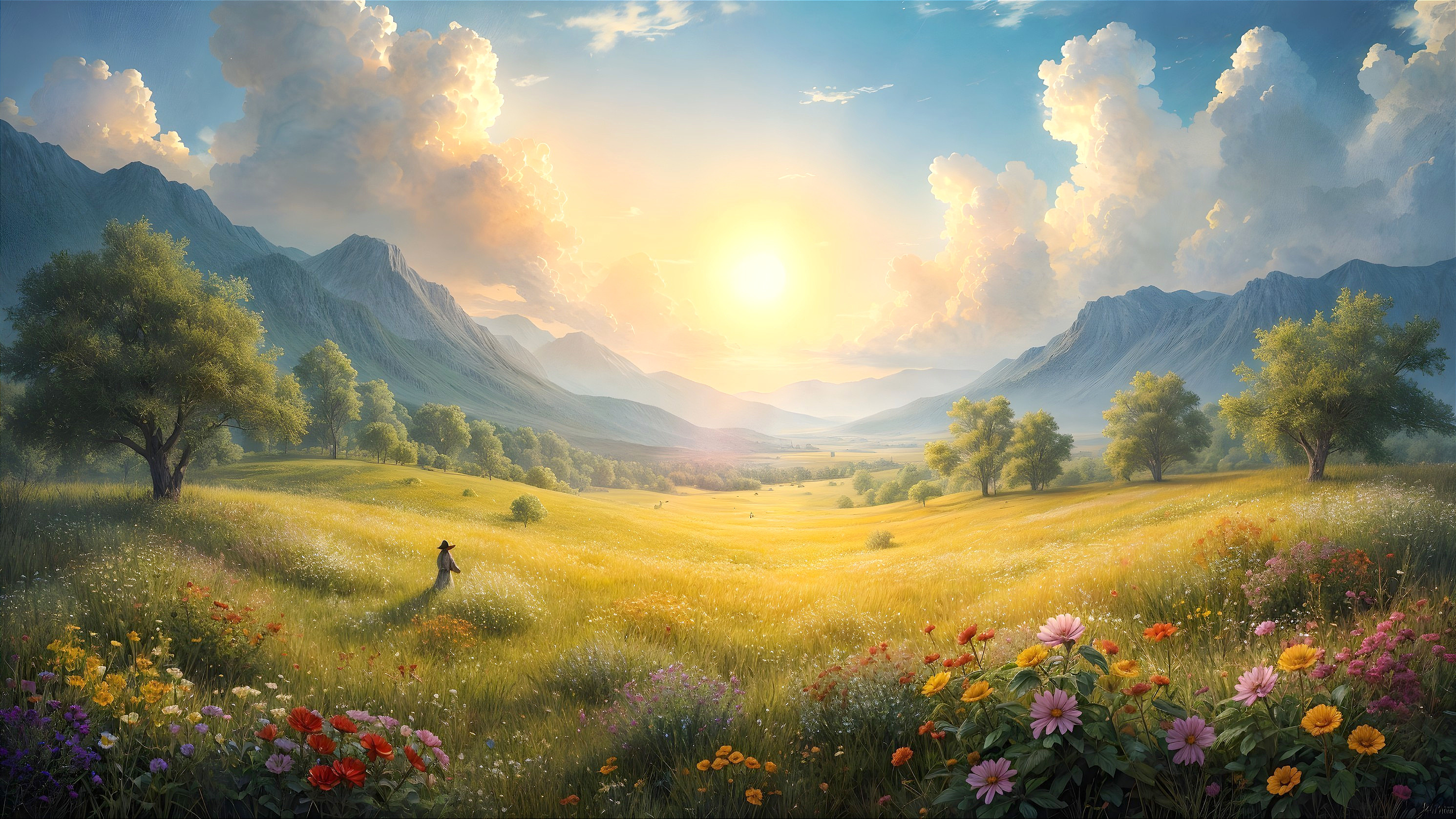 Serene Landscape with Sunset over Mountain Valley