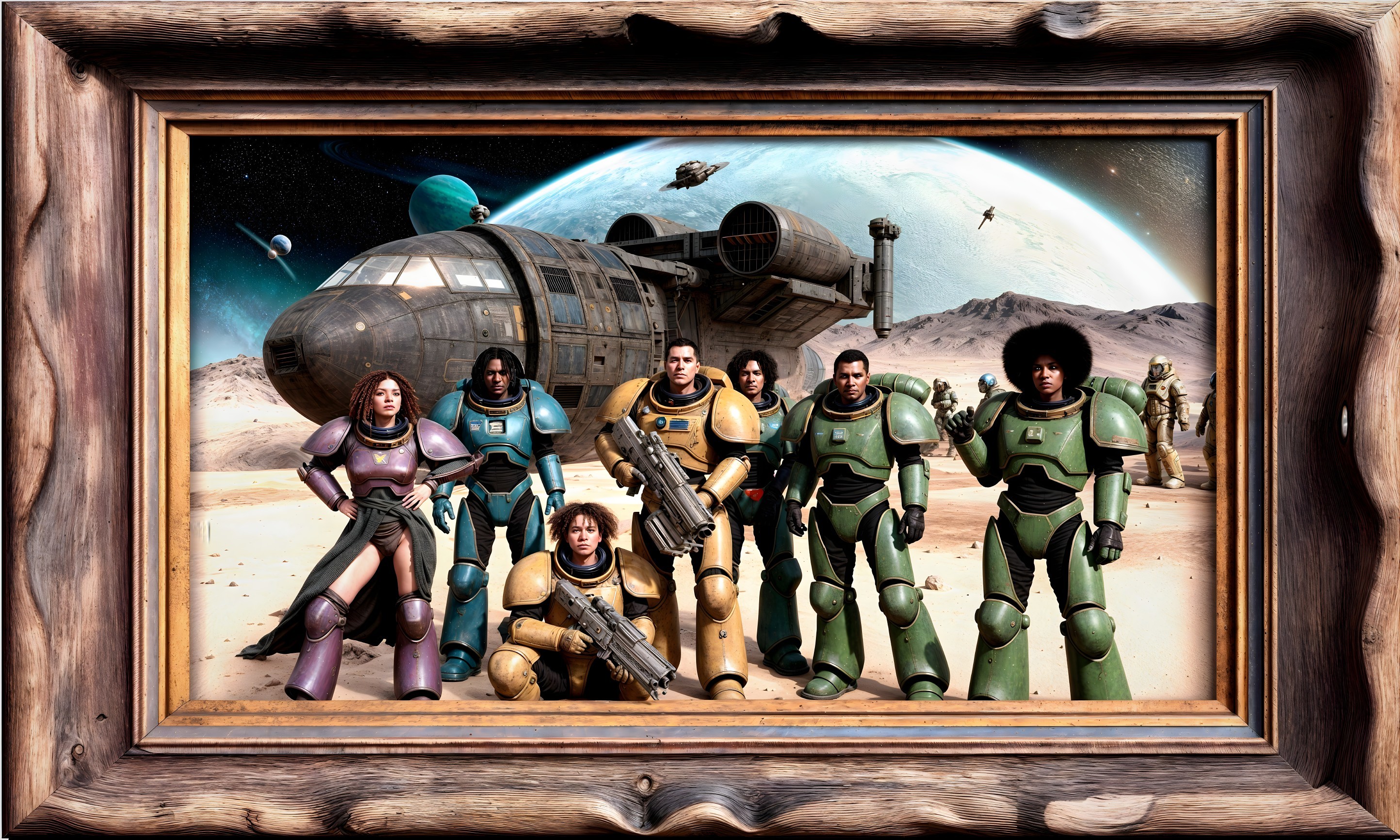 Space Explorers in Futuristic Armor in Desert Landscape