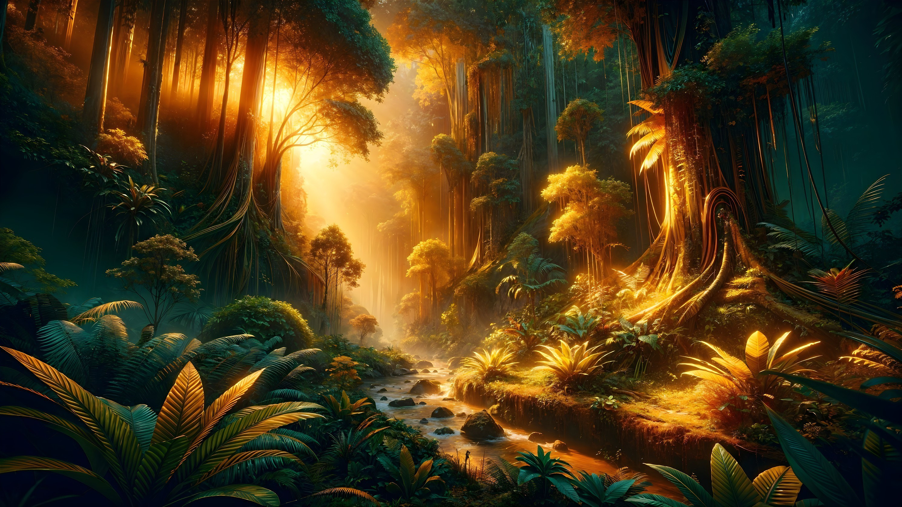 Golden Sunlit Jungle Scene with Lush Vegetation