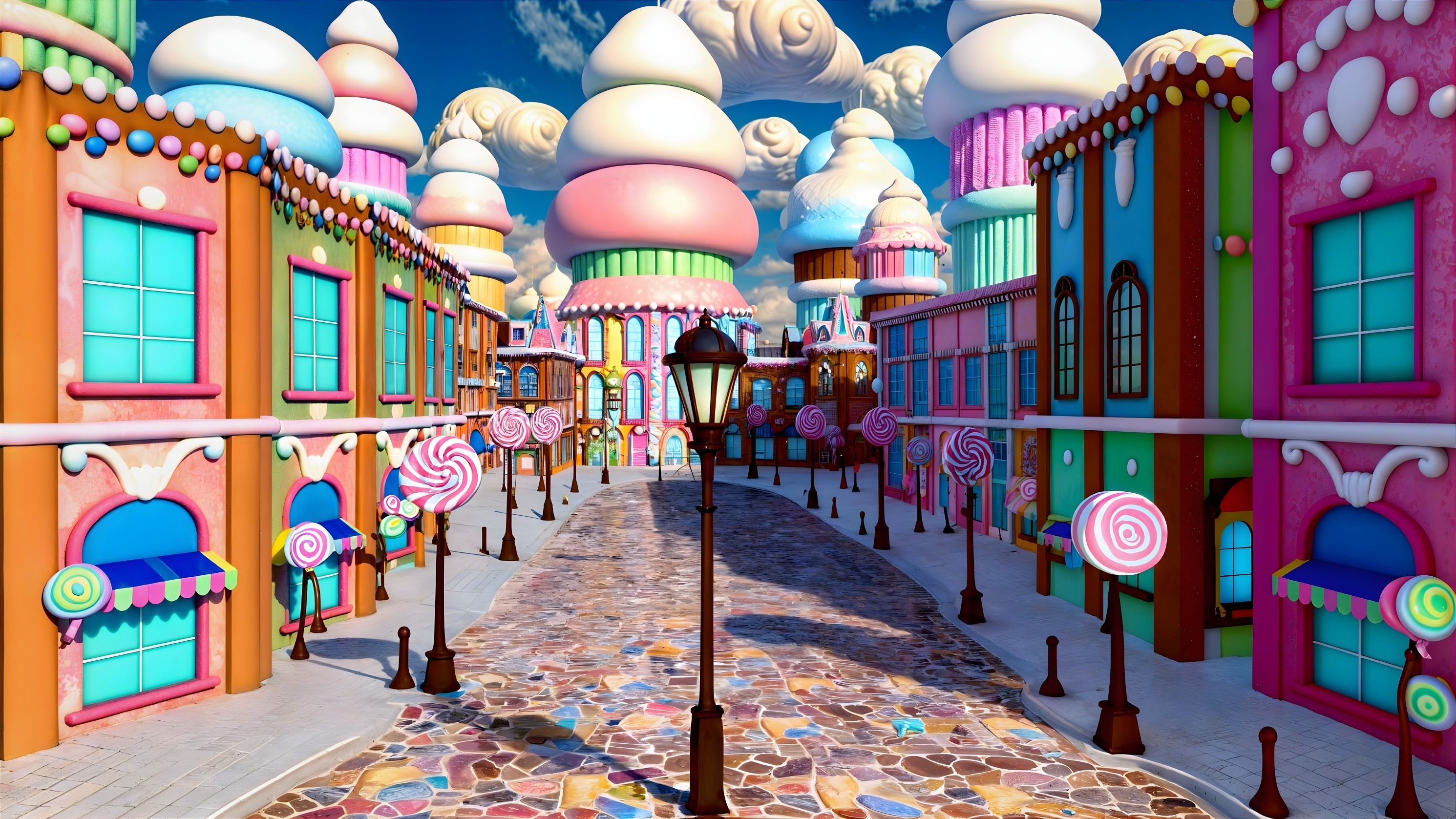 Whimsical Candy-Themed Street with Colorful Buildings