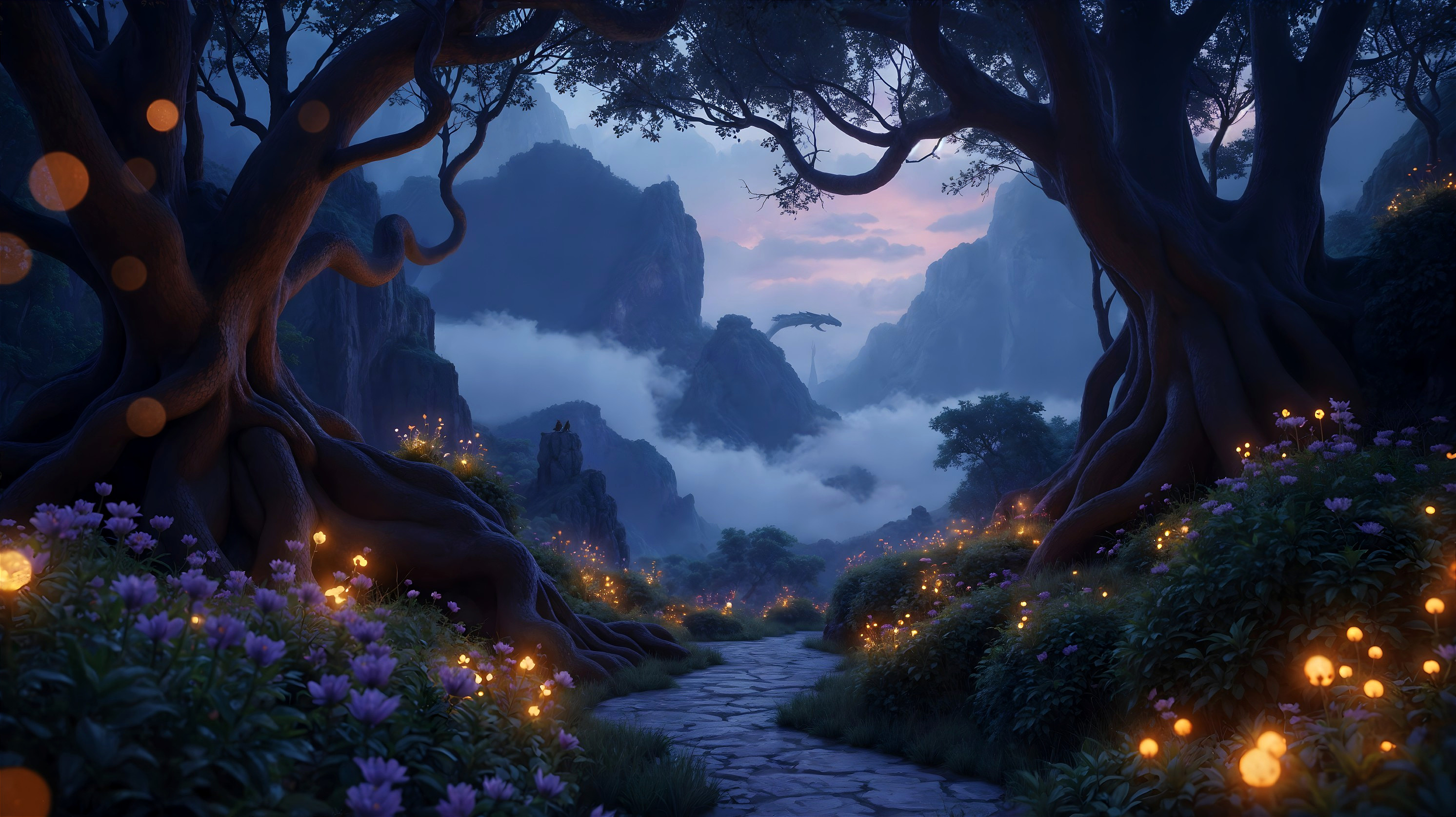 Mystical Forest Pathway with Glowing Flowers and Mountains