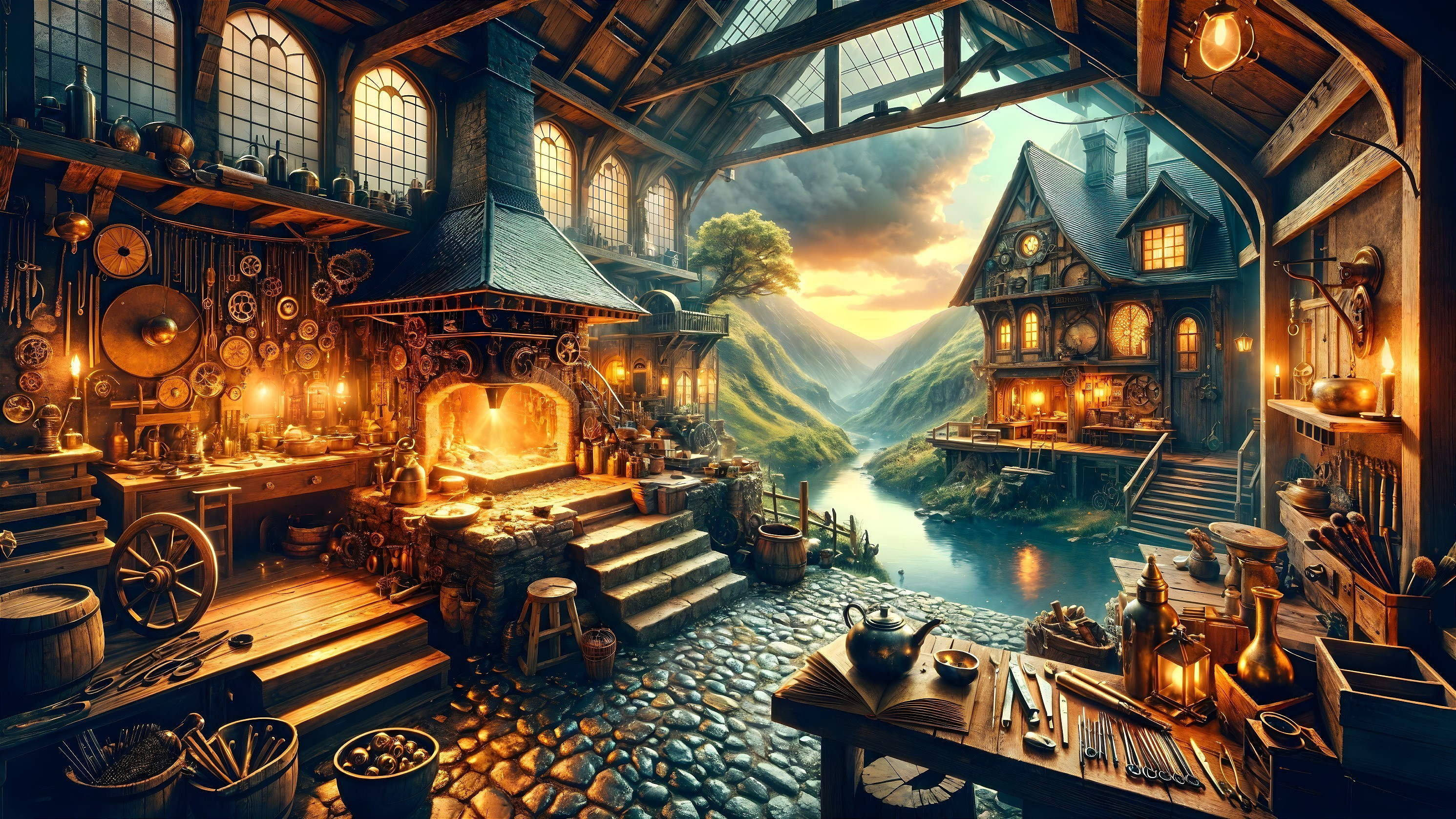 Cozy Rustic Workshop with Warm Light and Scenic Views