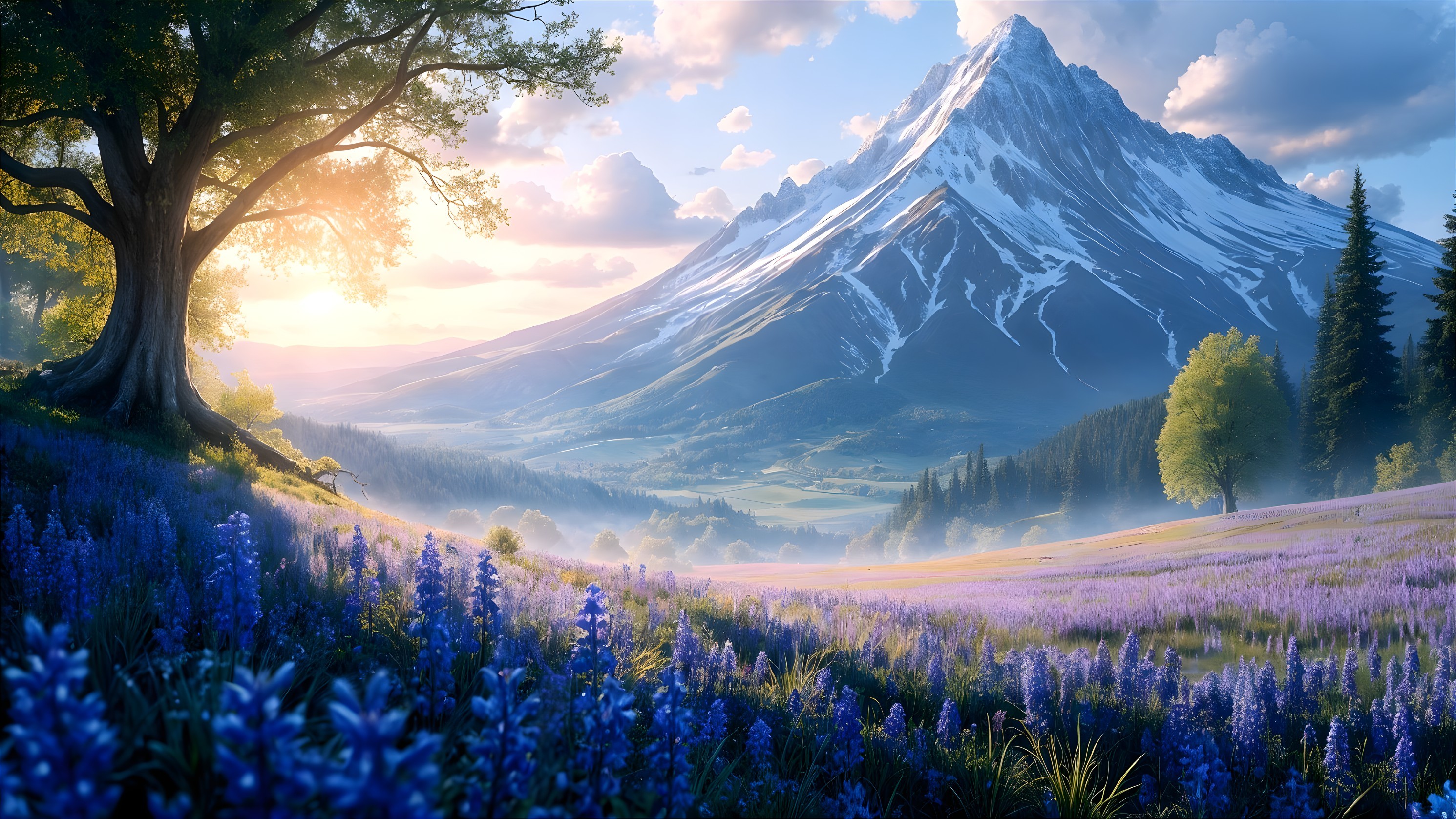 Majestic Snow-Capped Mountain with Vibrant Flowers