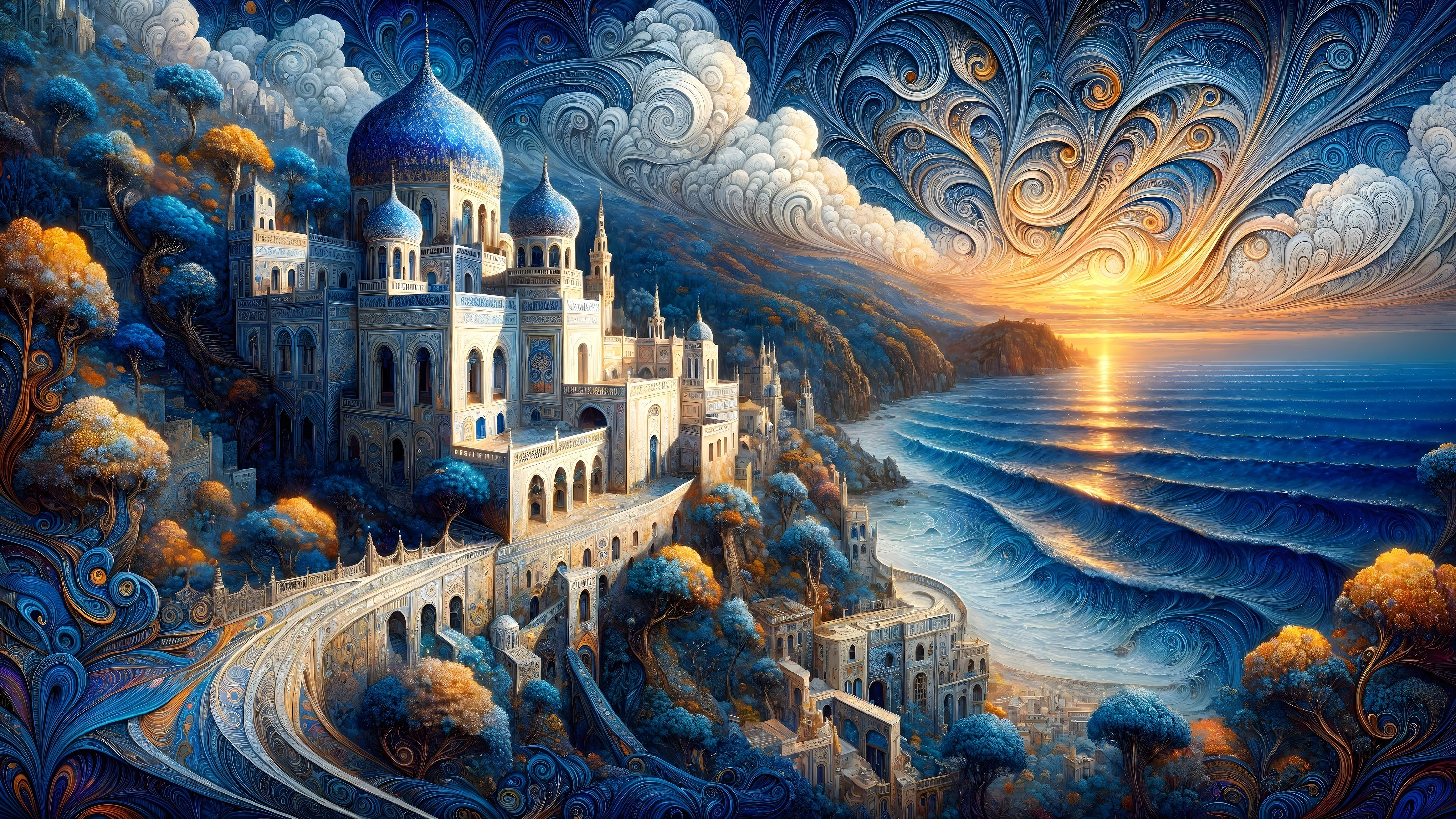 Intricate castle on a cliff overlooking a serene ocean