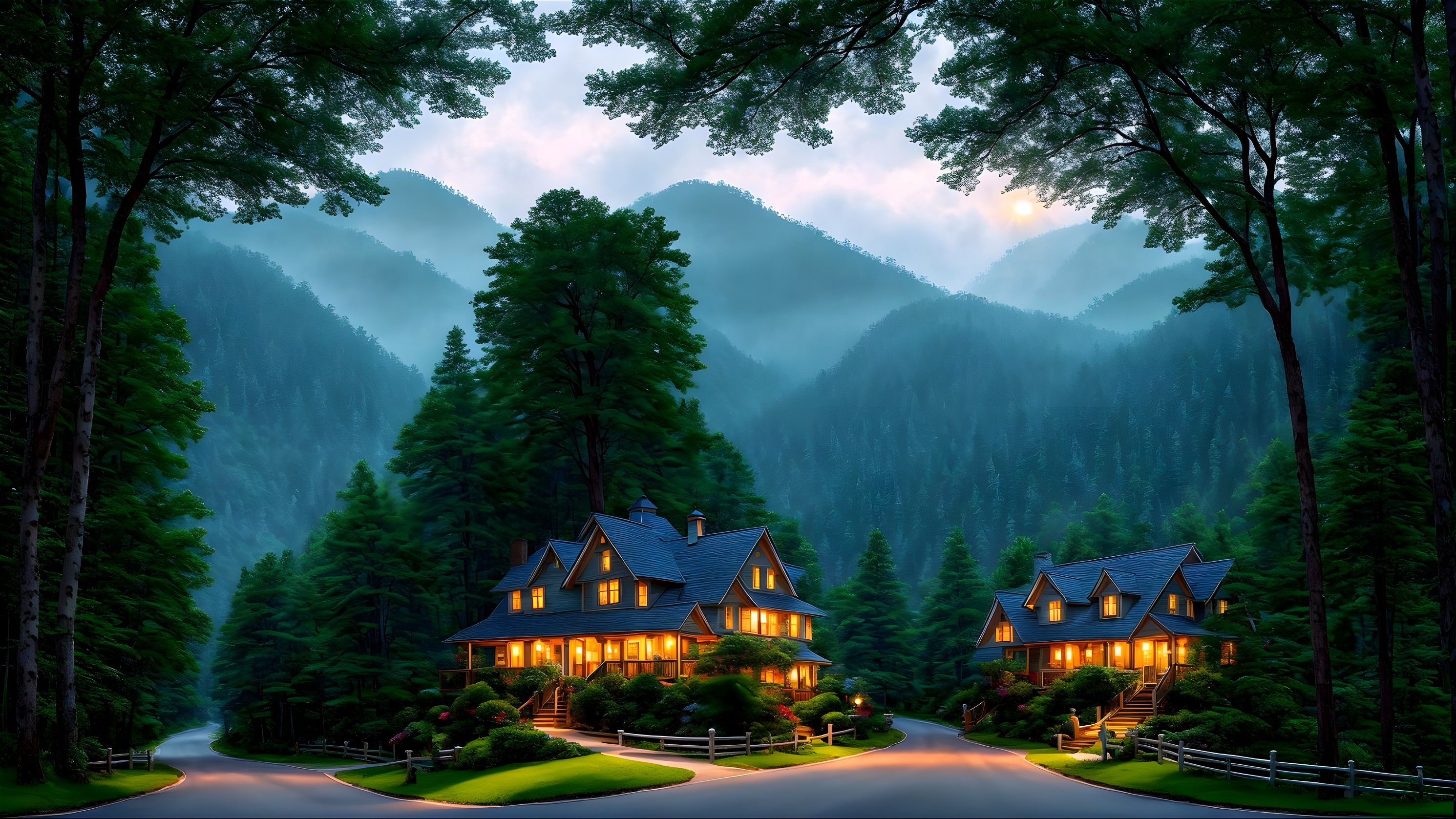 Charming Houses Surrounded by Lush Trees and Mountains