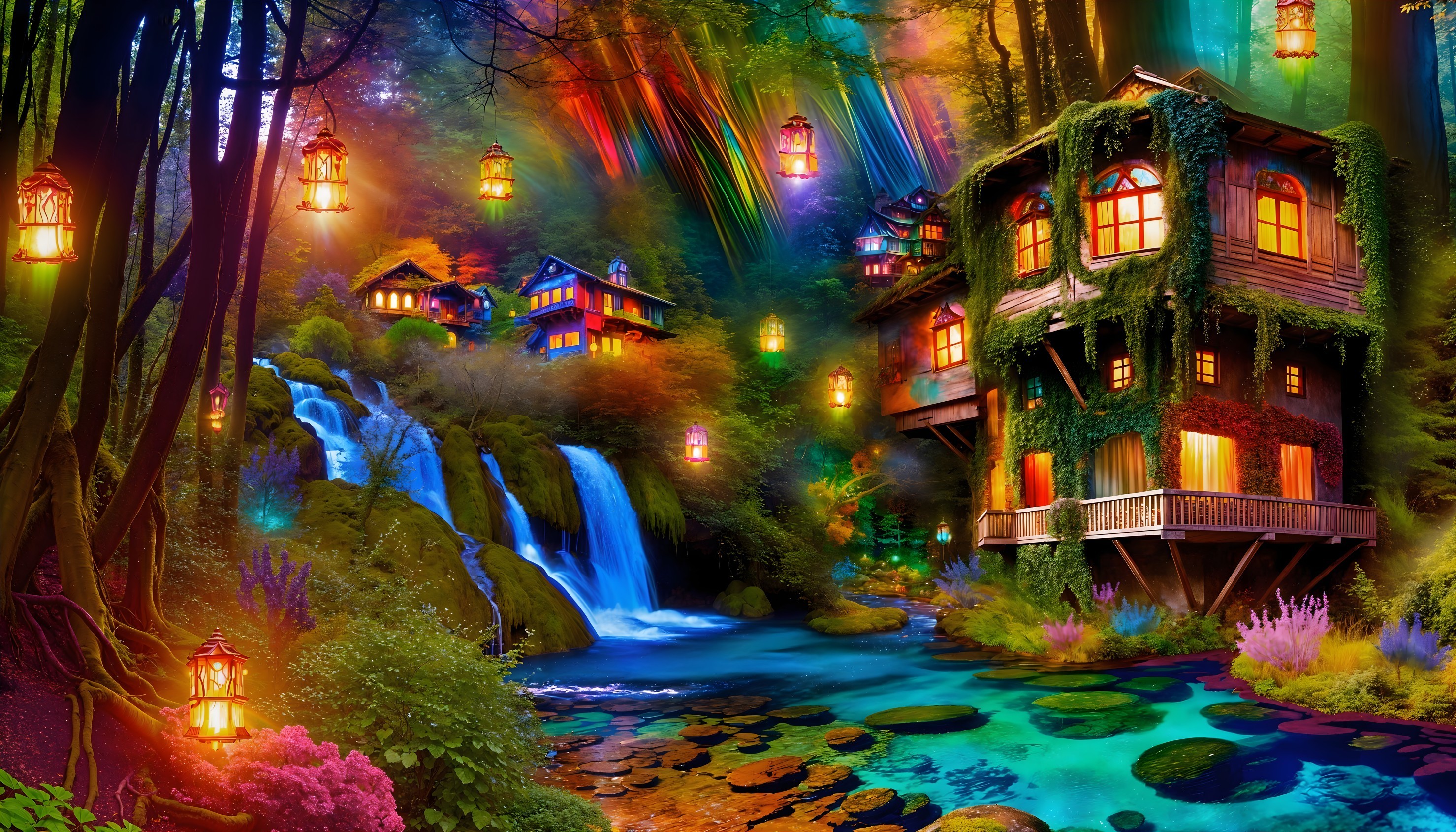 Whimsical Forest Scene with Colorful Lanterns and Waterfalls