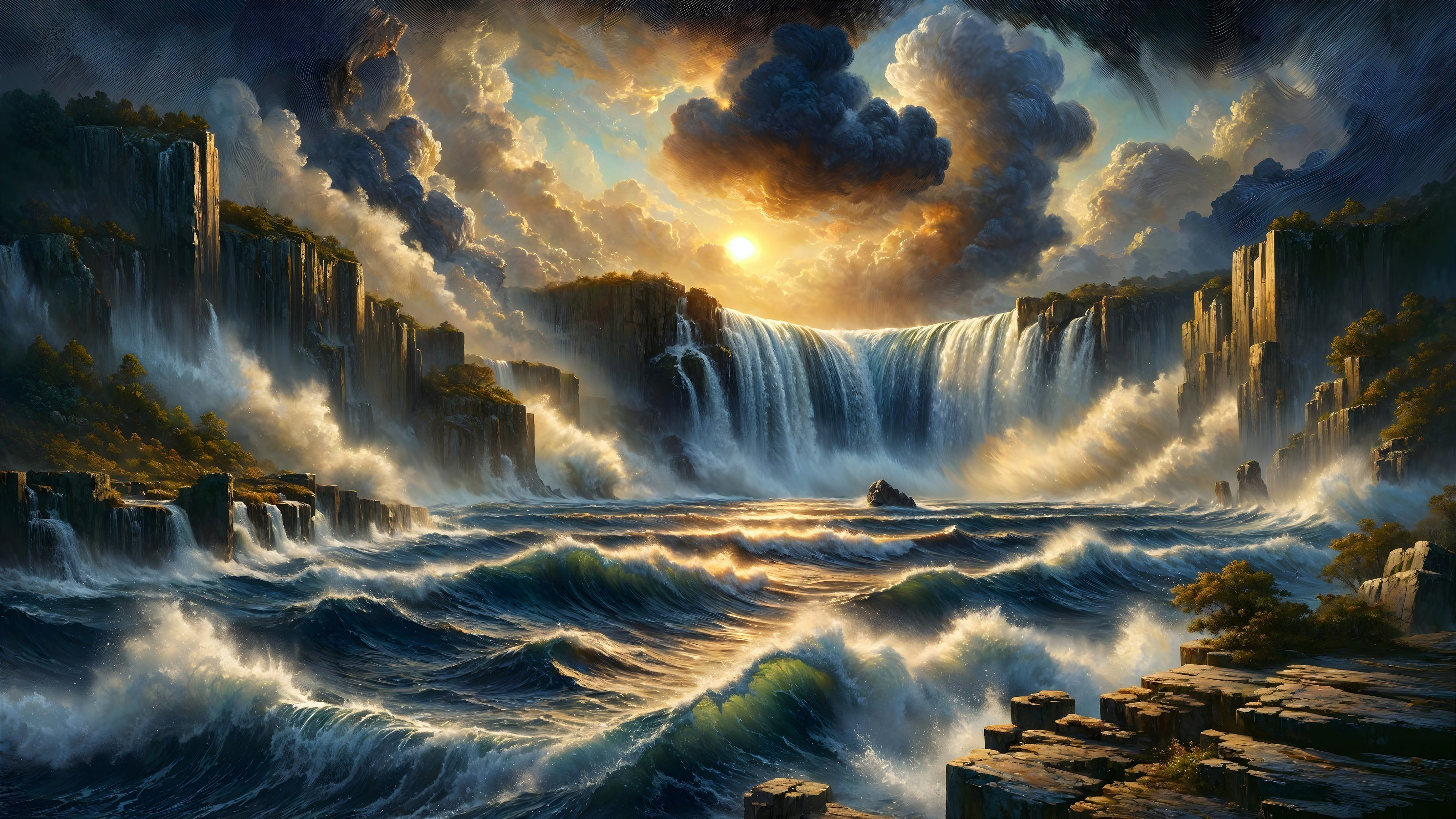 Majestic Waterfall Surrounded by Lush Greenery and Sunset