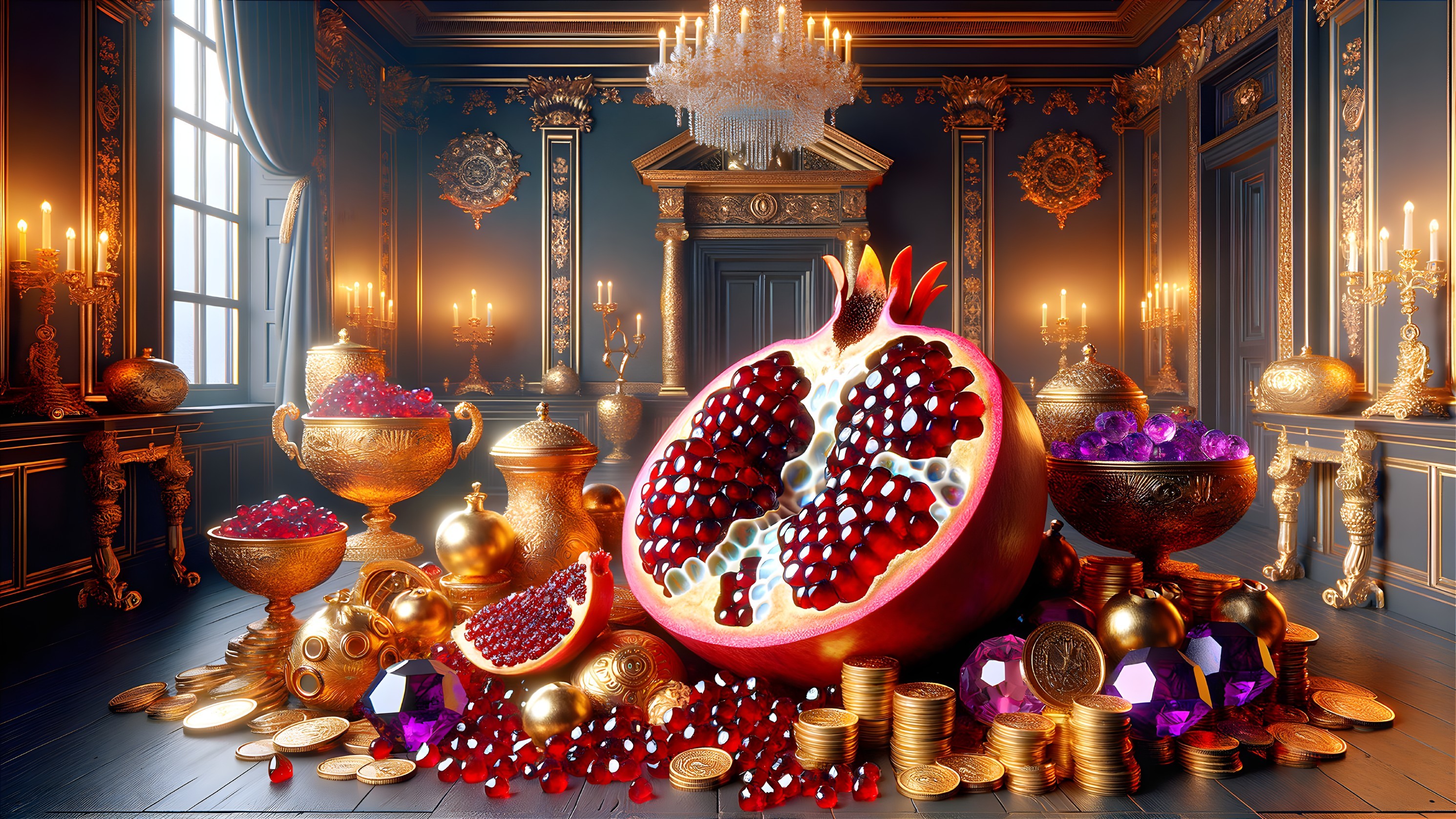 Lavish Still Life in Opulent Room with Pomegranate