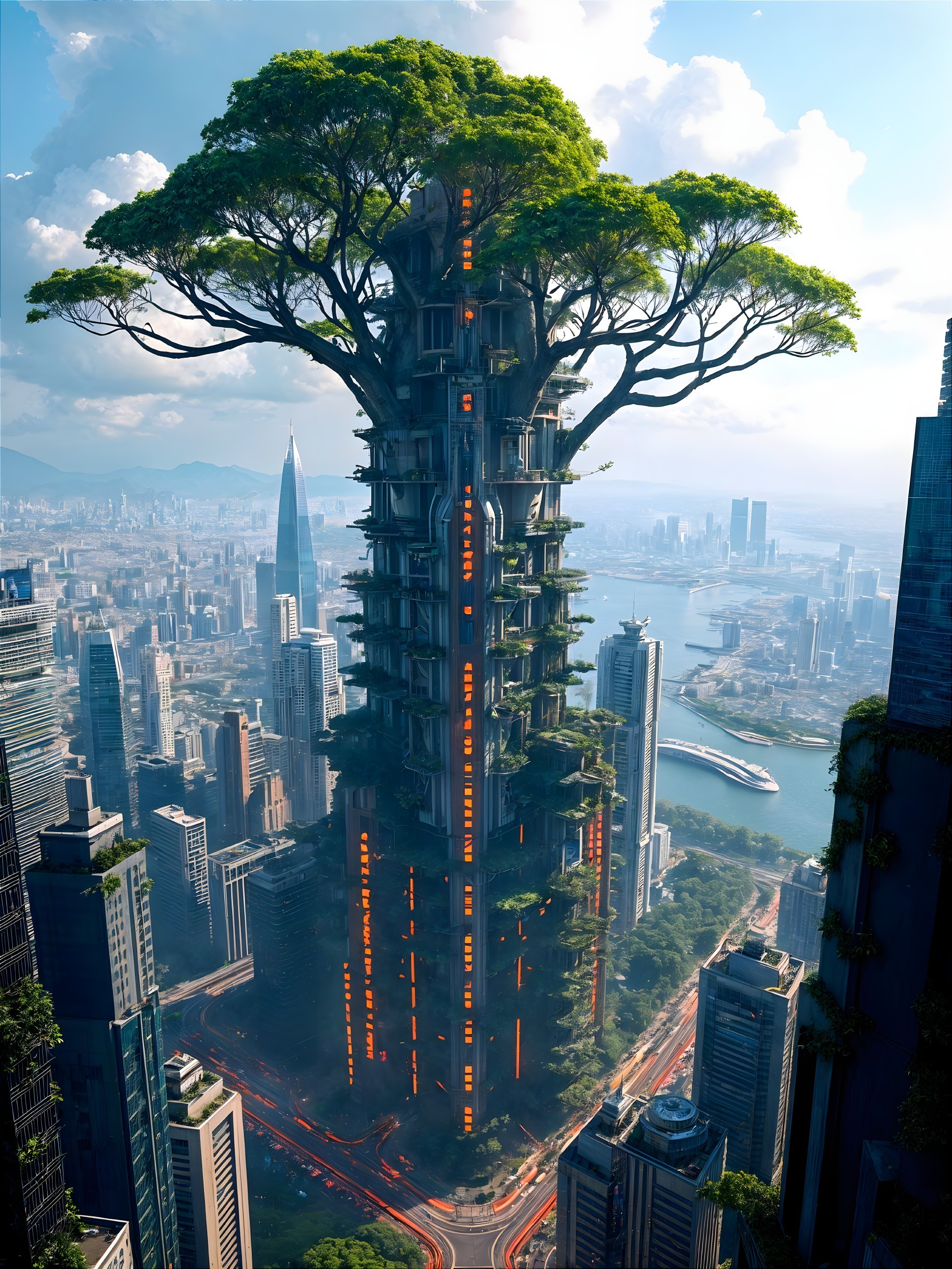 Futuristic cityscape with tree-like skyscraper and greenery