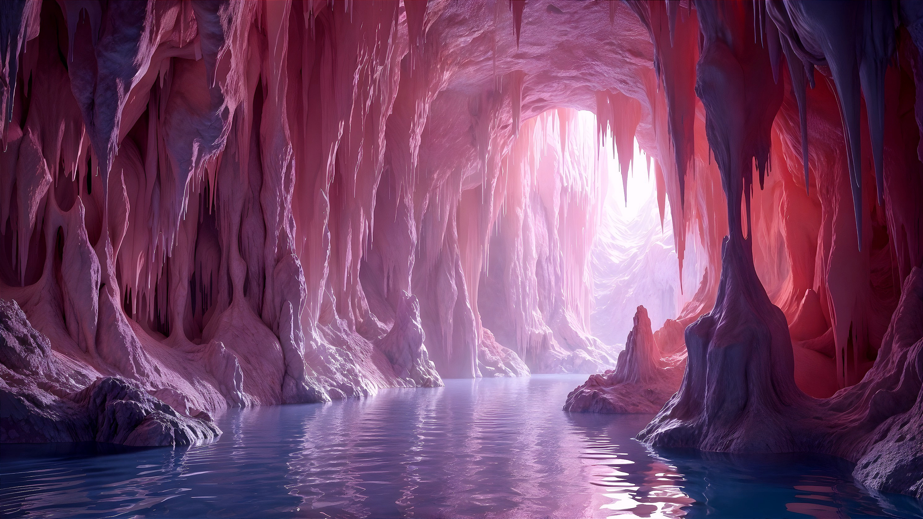 Illuminated Cavern with Stalactites and Water Reflection