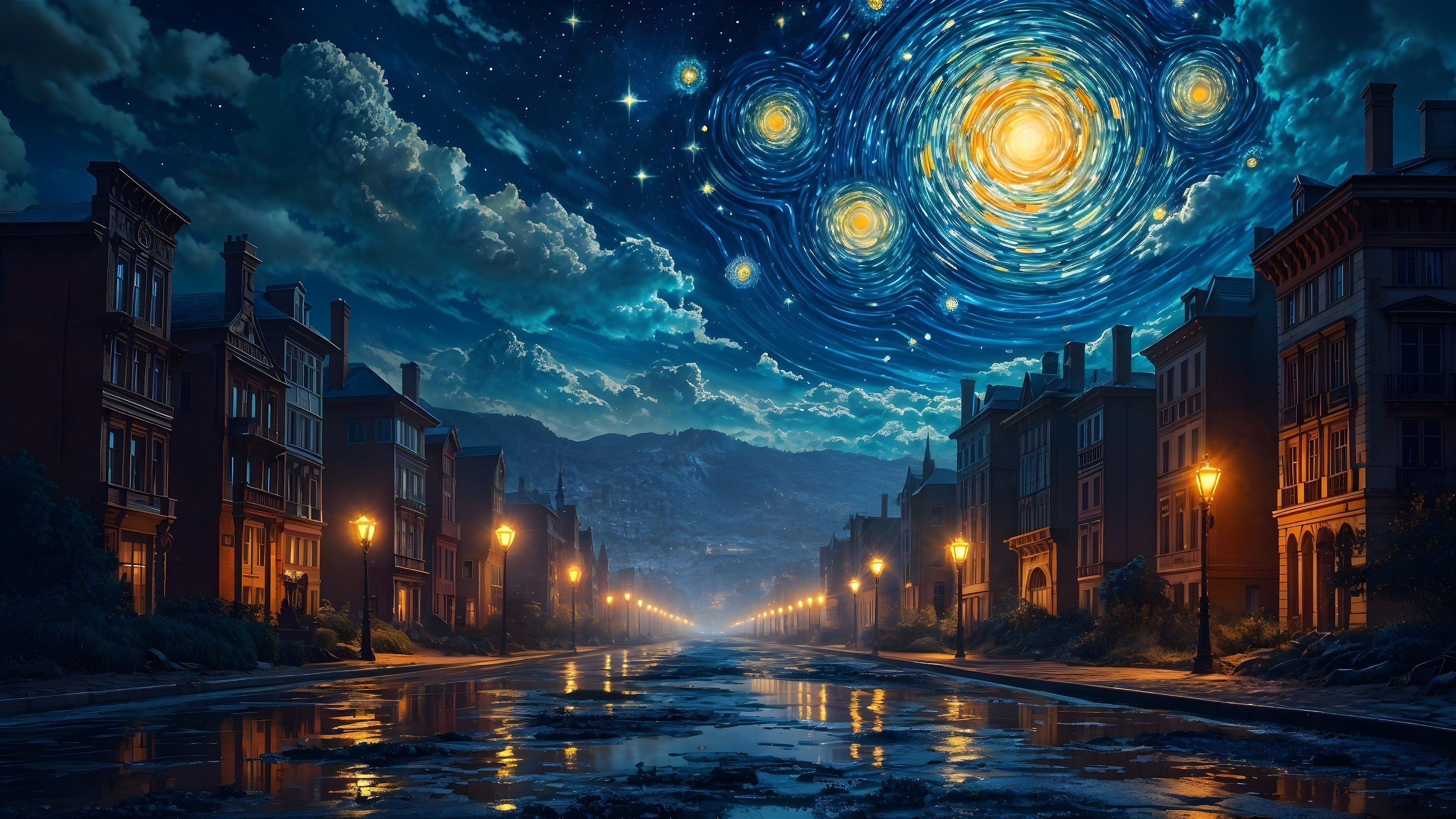 Nighttime Urban Scene with Historic Buildings and Stars