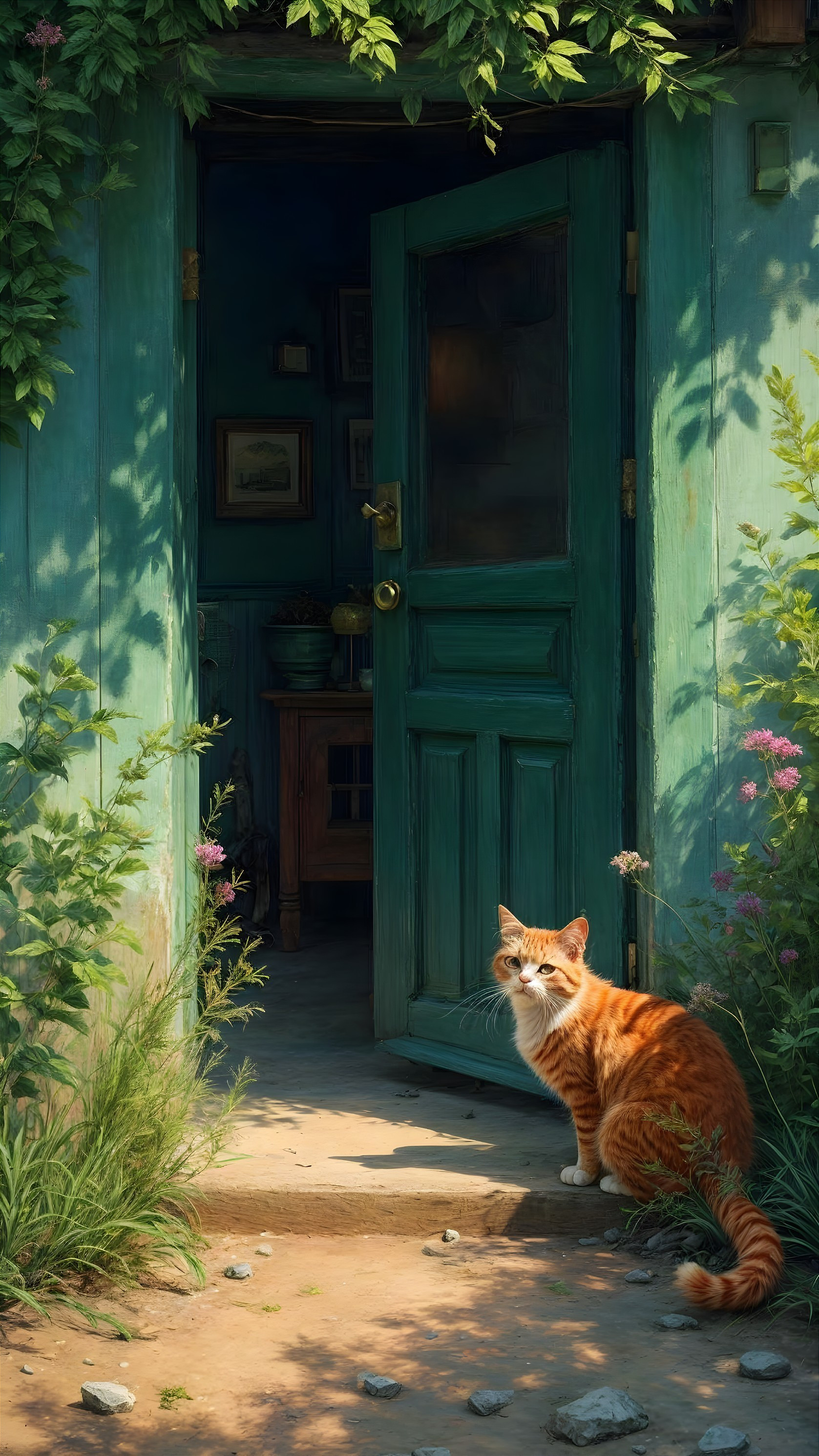 Rustic Open Doorway with Green Door and Cat