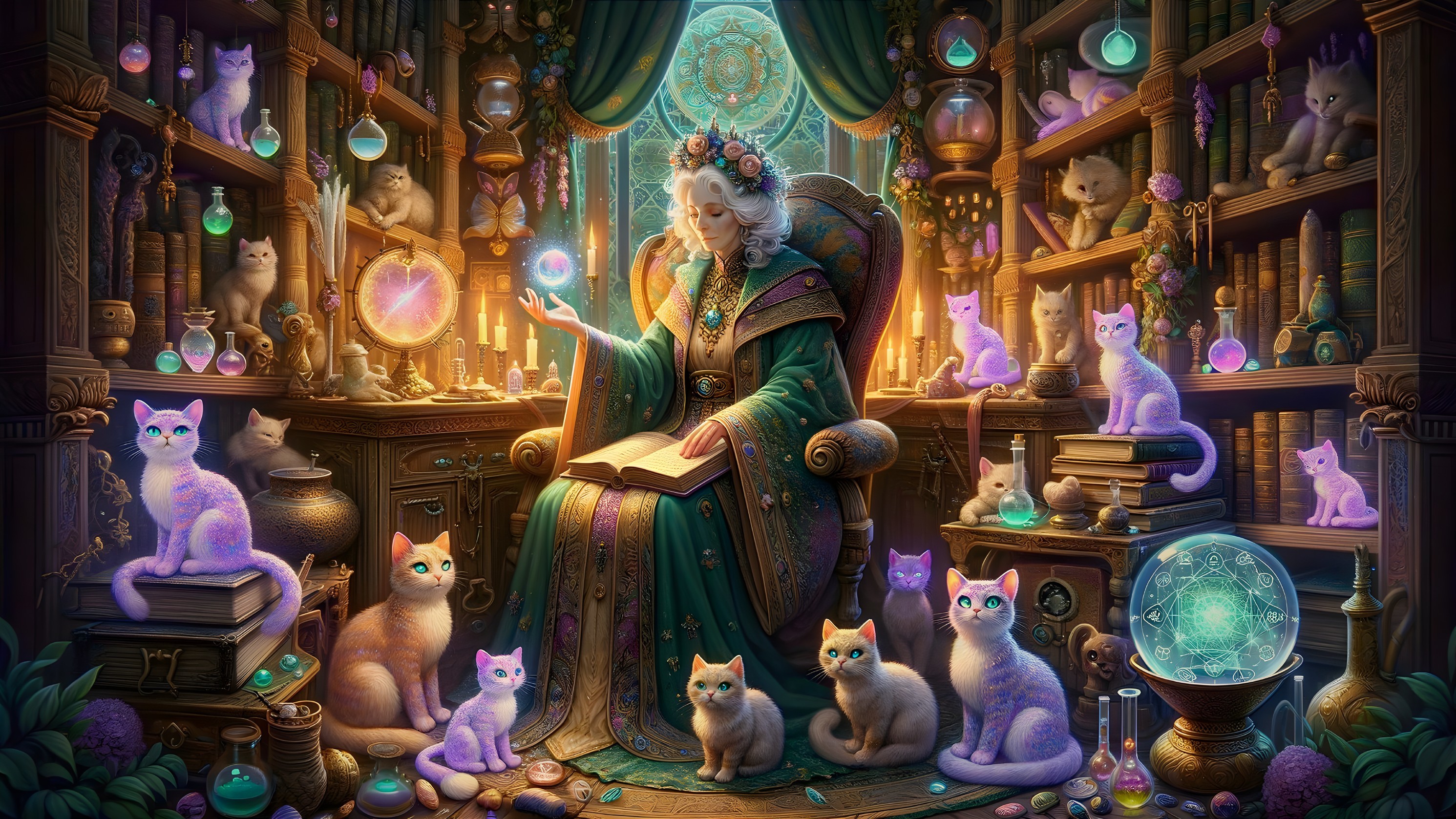 Magical Library with Glowing Orbs and Cats