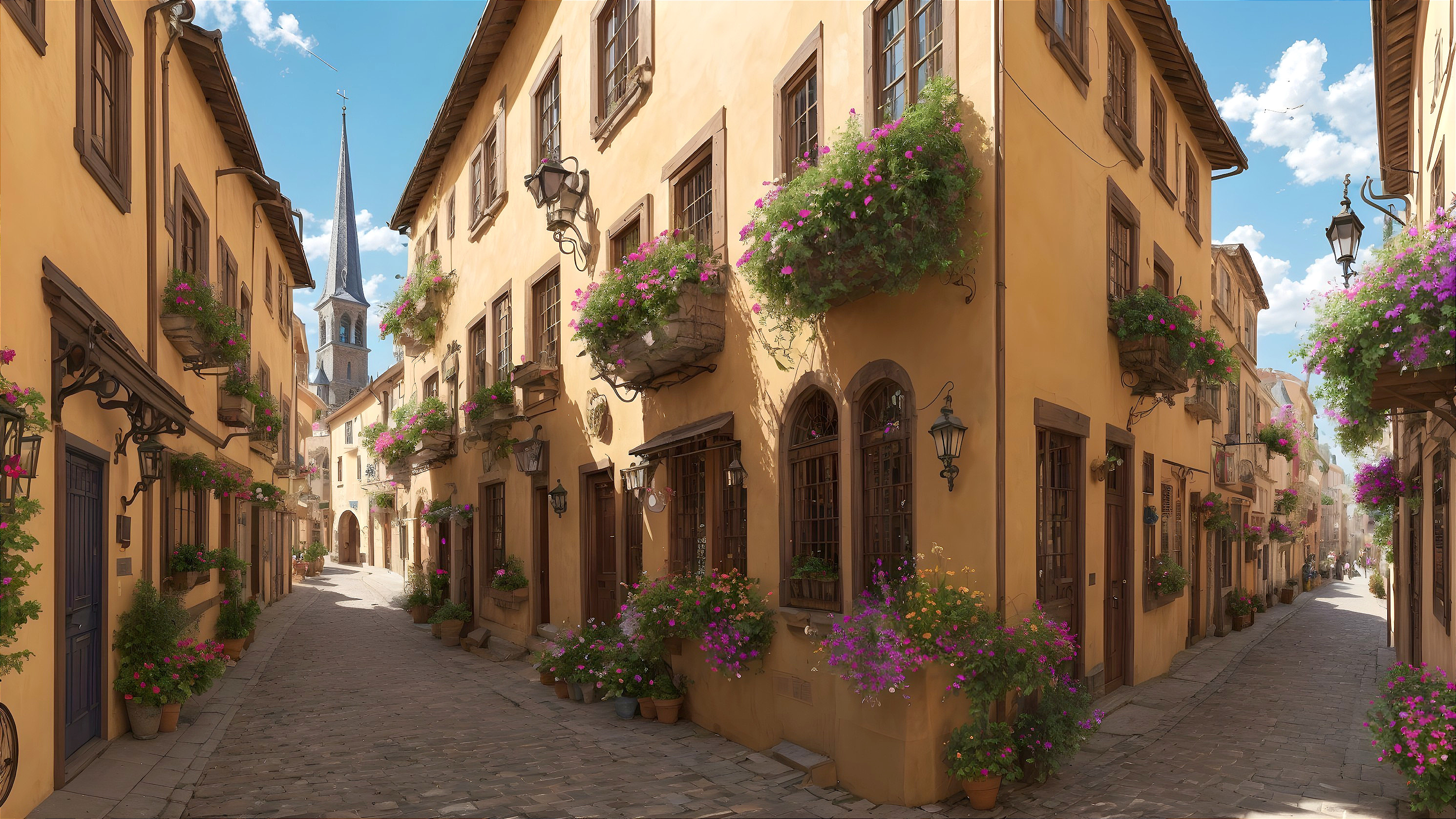 Charming European Street with Colorful Buildings and Blooms