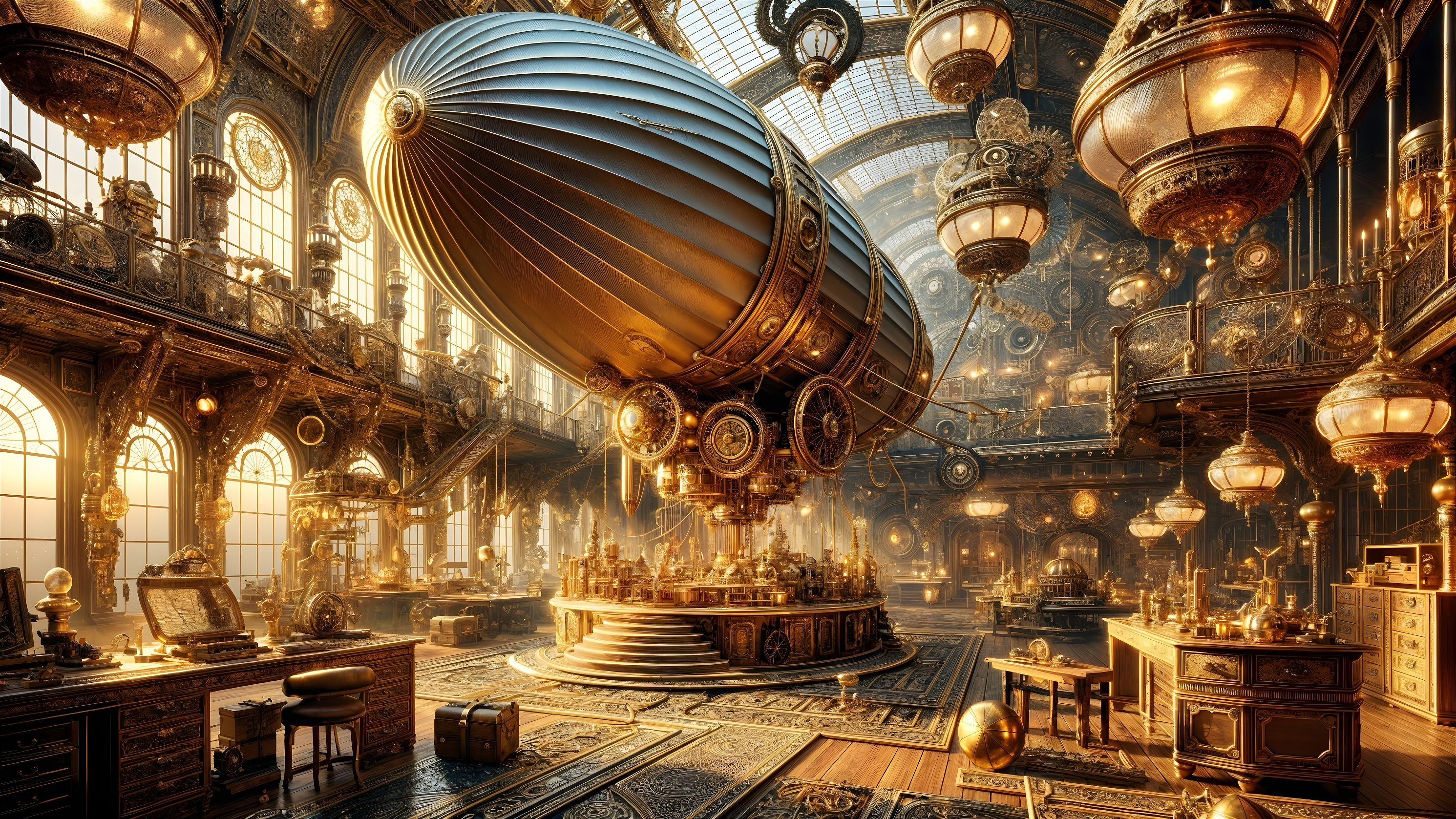 Steampunk Workshop with Airship and Intricate Machinery