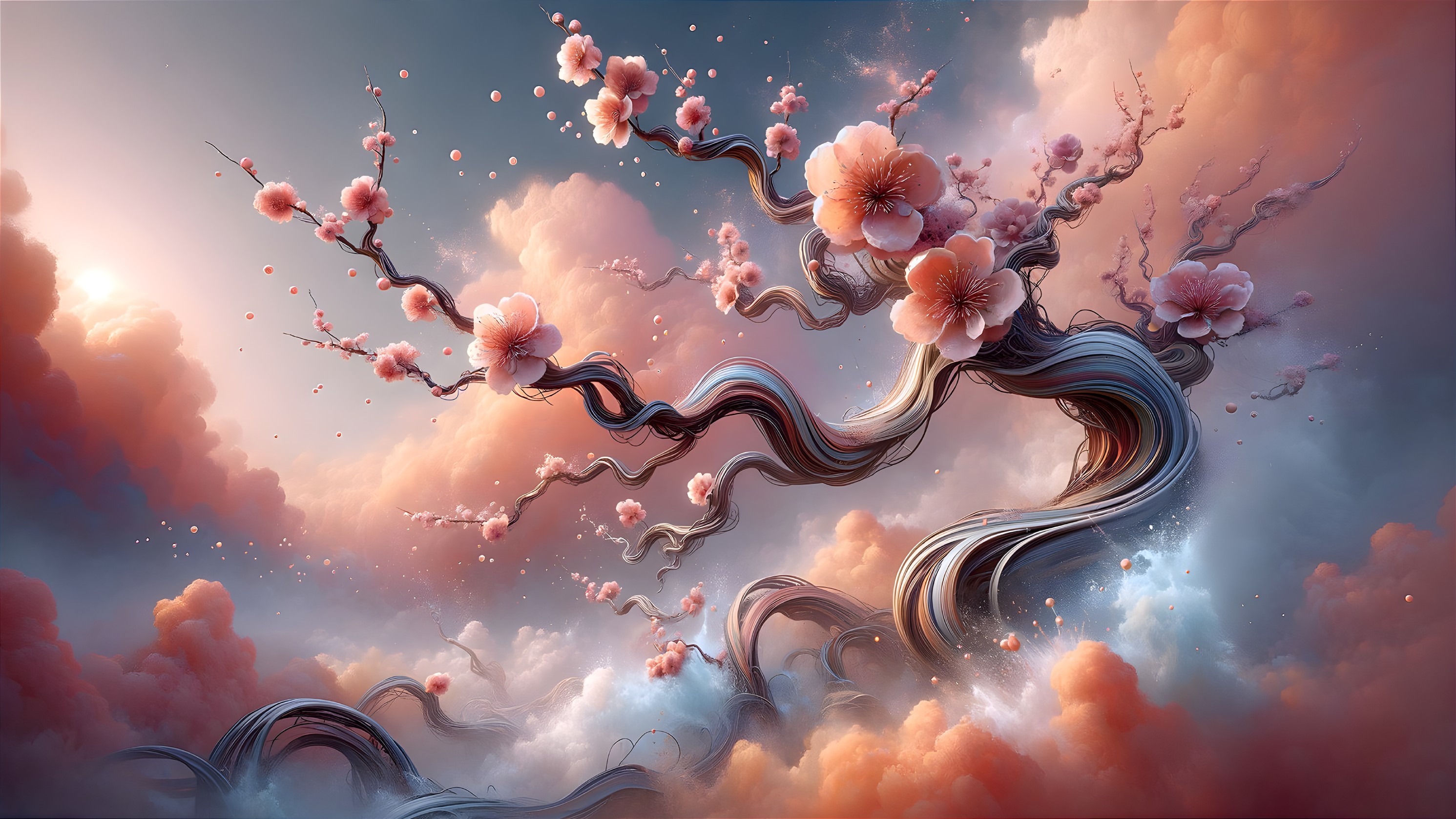 Twisting Tree with Pink Blossoms and Dreamy Clouds