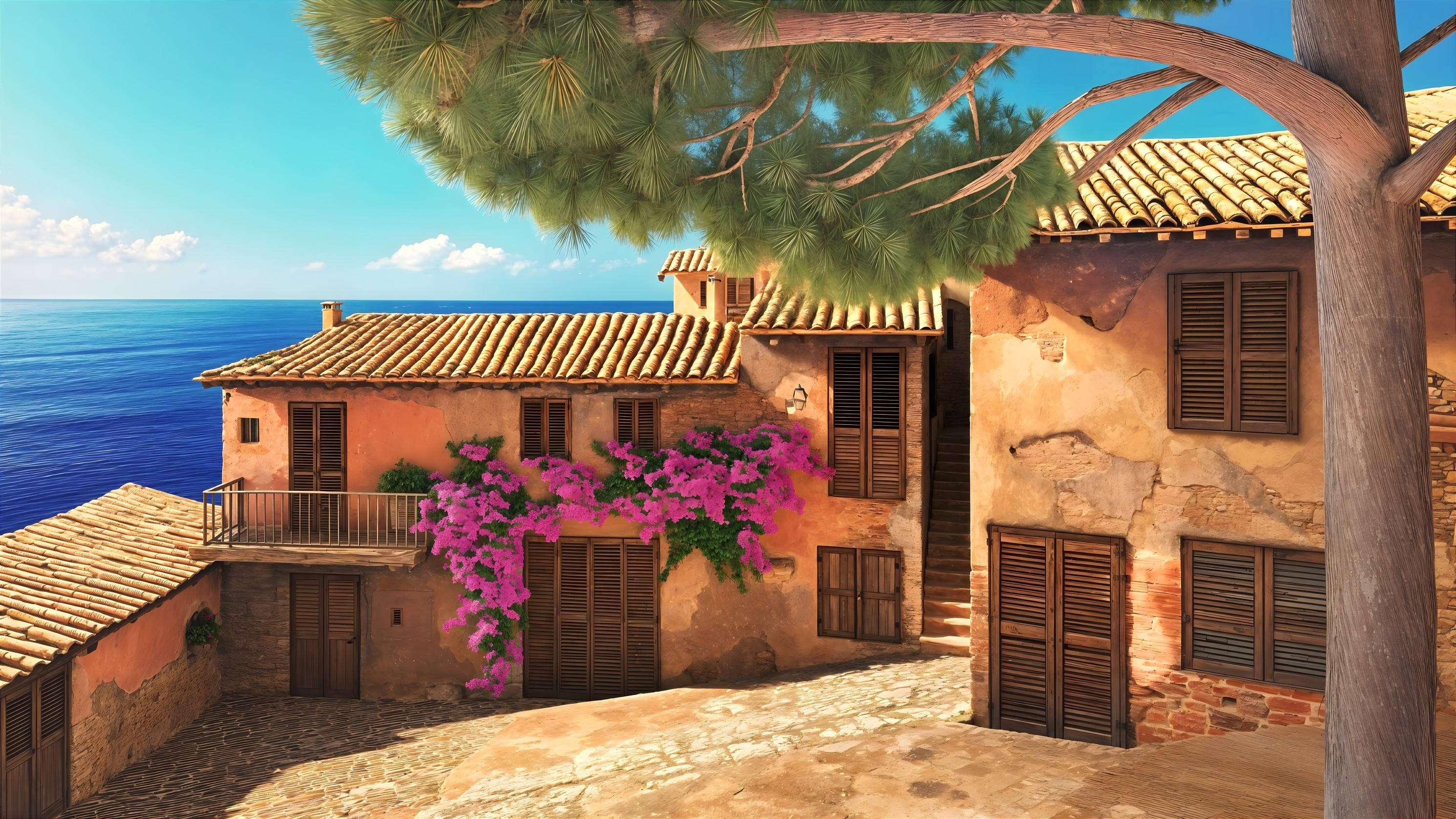 Mediterranean Houses with Bougainvillea and Sea View