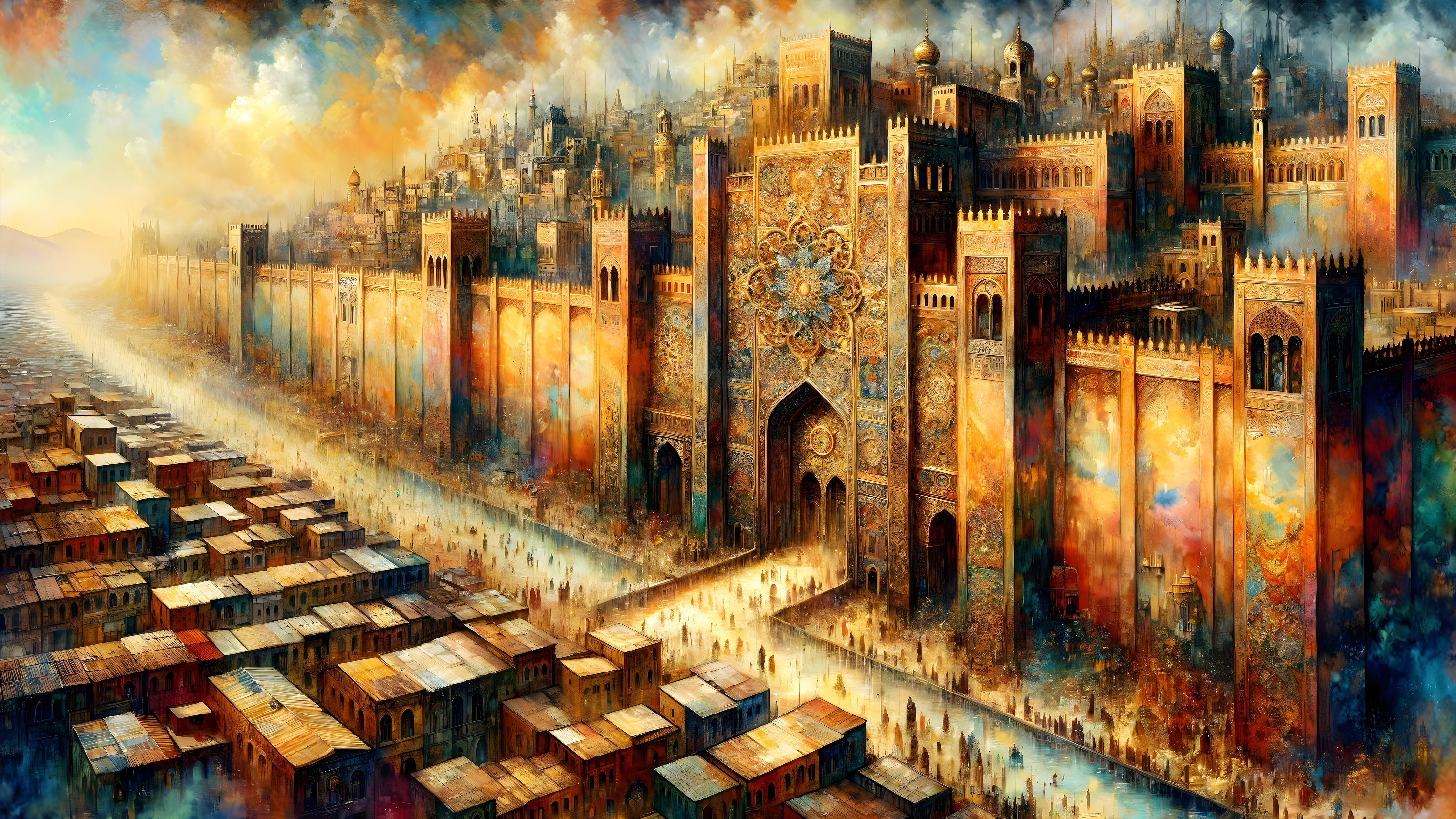 Vibrant Cityscape with Ornate Fortress and Markets