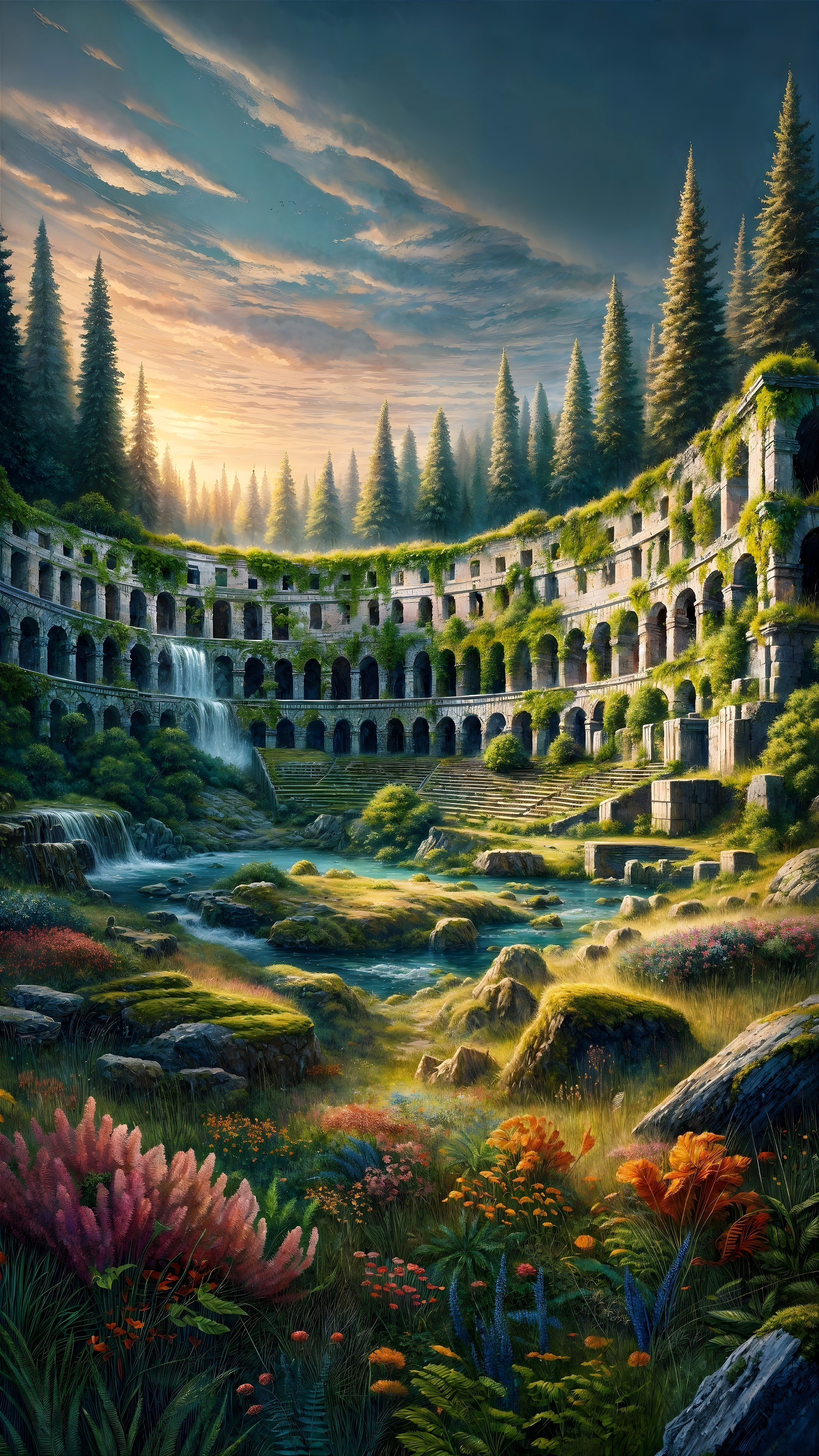 Ancient Coliseum Surrounded by Lush Nature and Waterfalls