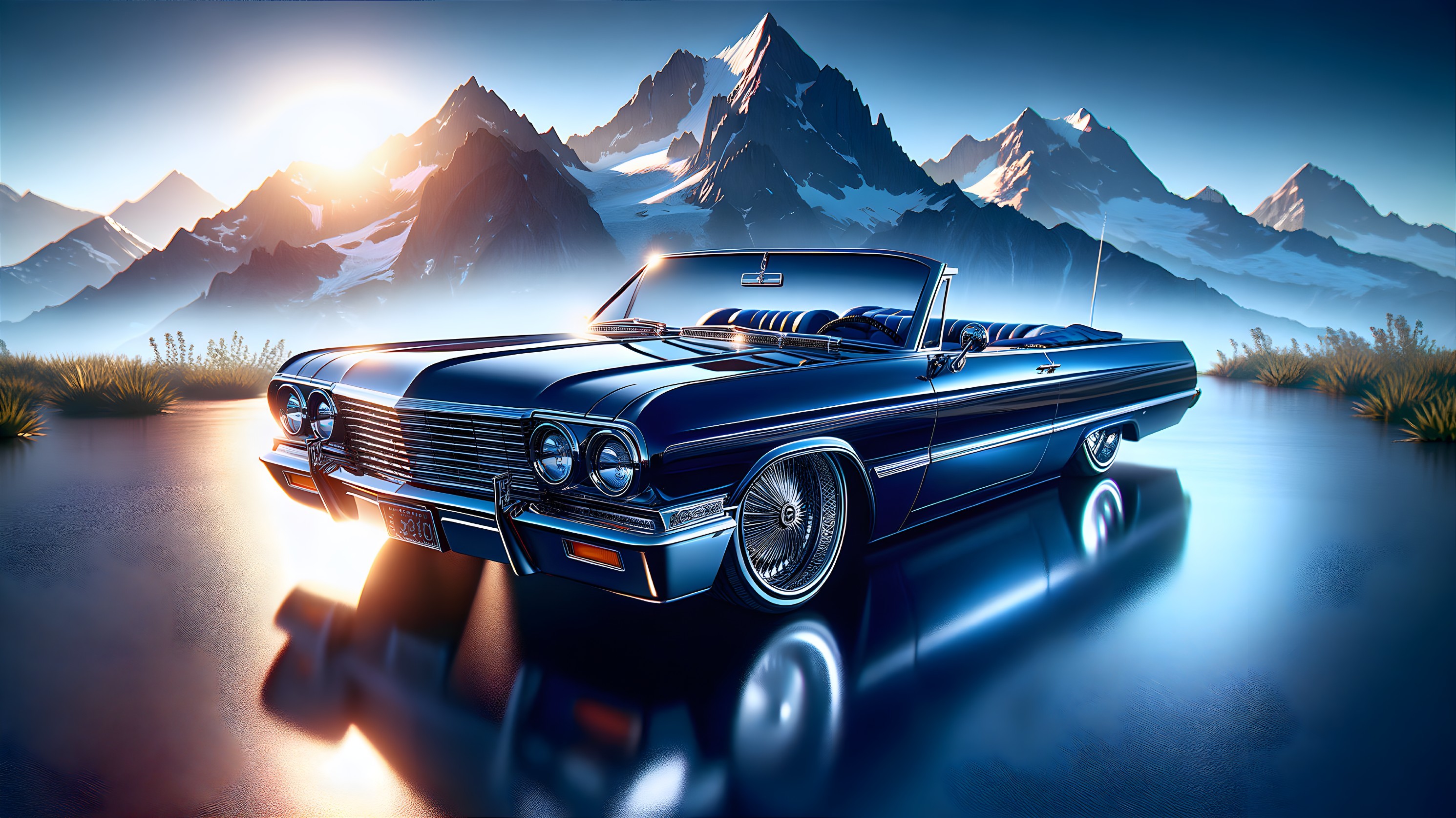 Vintage Convertible Car Under Sunset with Mountains