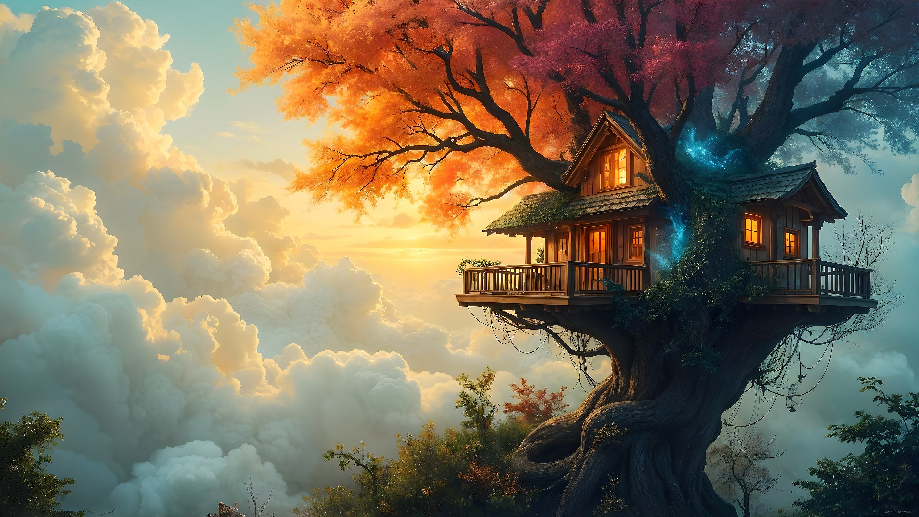 Whimsical Treehouse in Vibrant Autumn Tree Setting