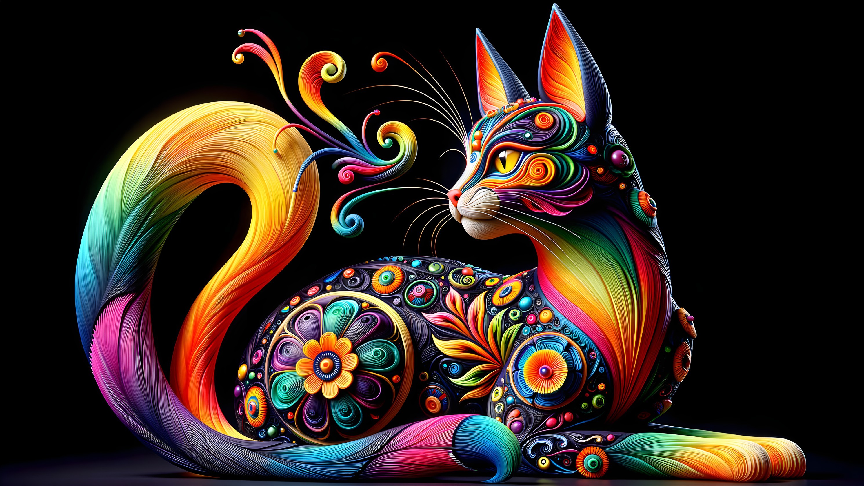Vibrant Cat Design with Floral Motifs on Black Background