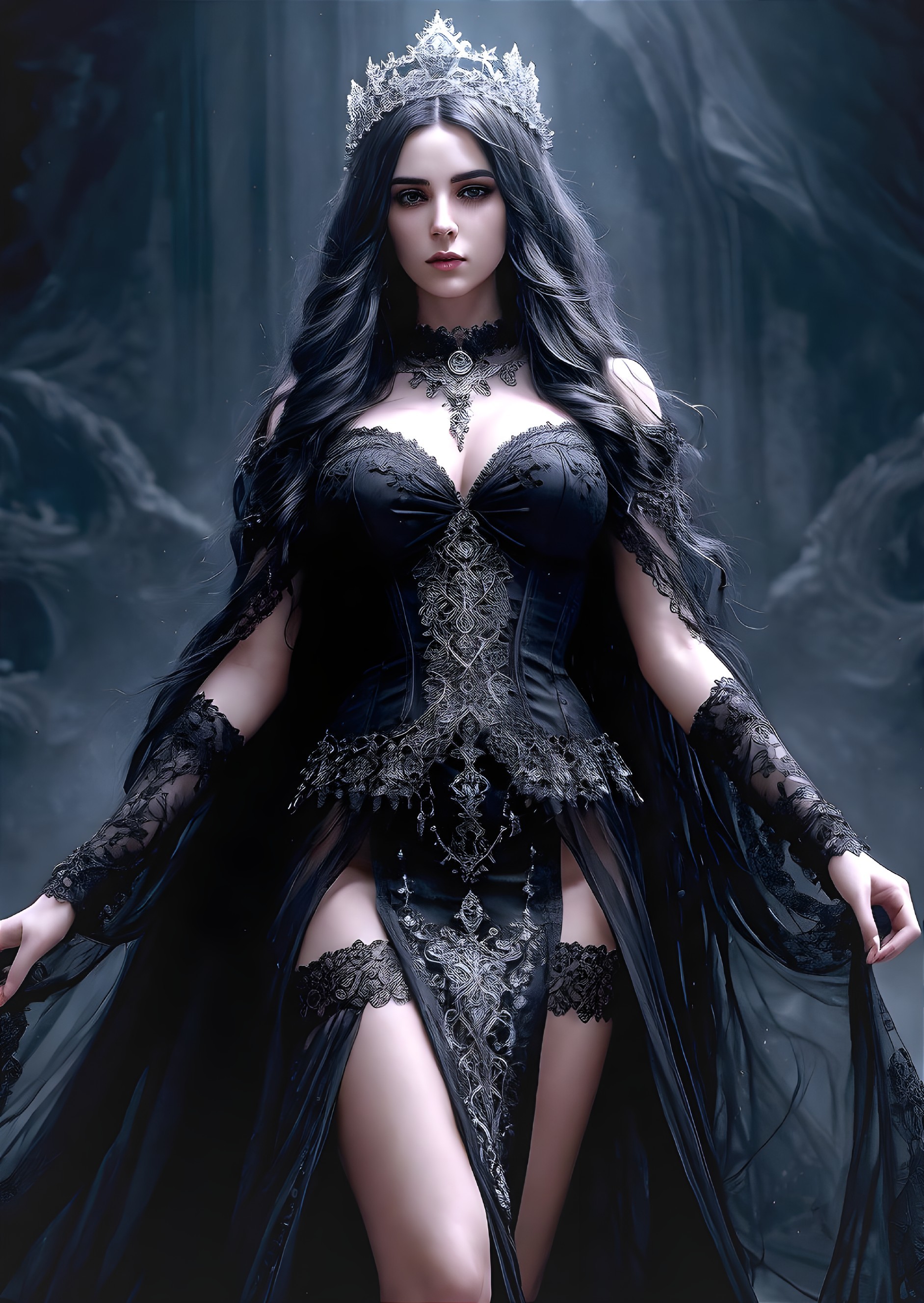 Elegant Figure in Black Corset and Ethereal Setting