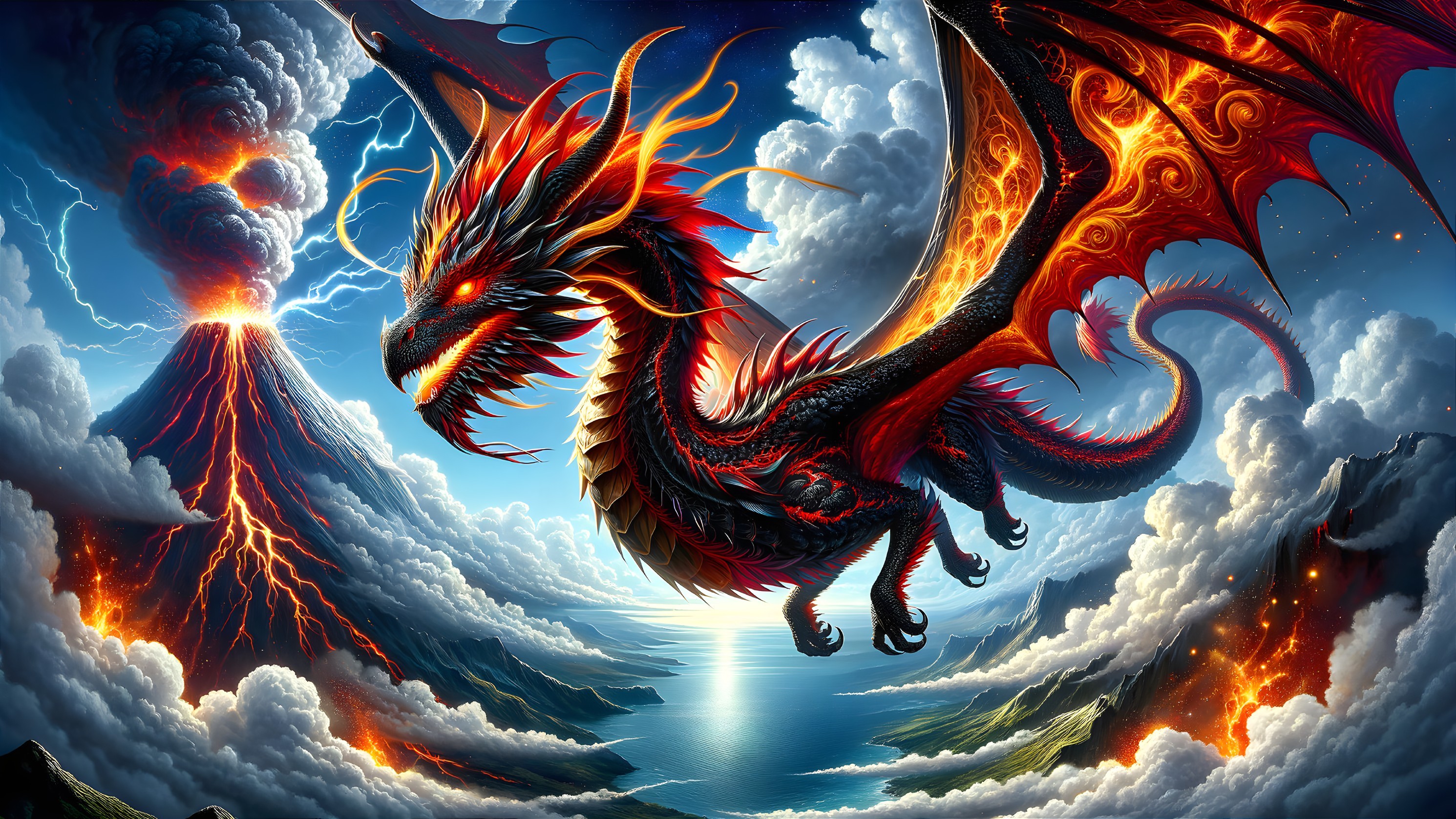 Red and black dragon flying over erupting volcano