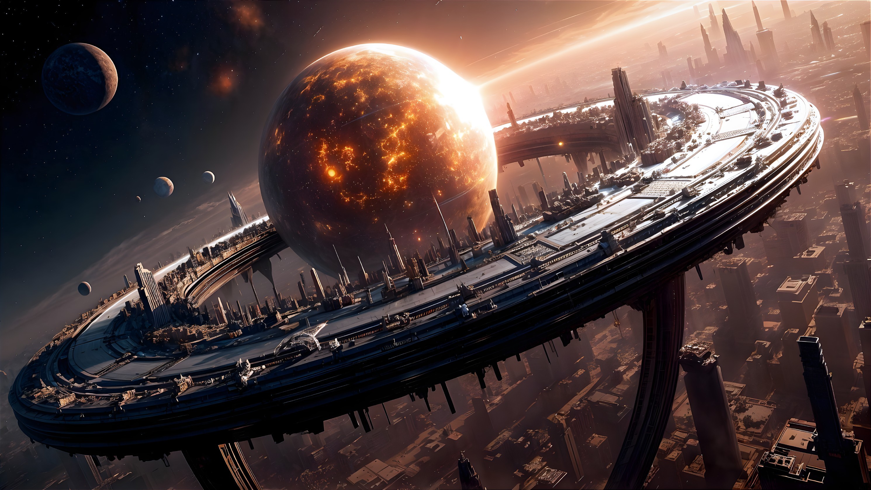 Futuristic cityscape with cosmic backdrop and vibrant colors