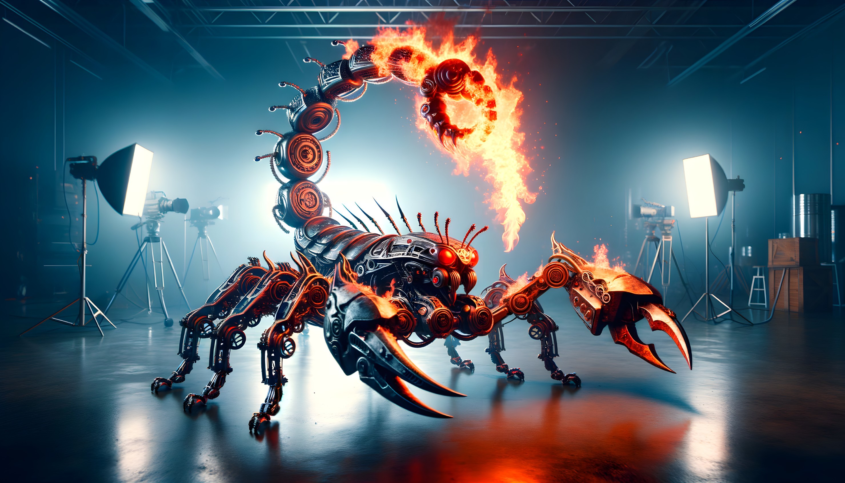 Futuristic metallic scorpion robot shooting fire in dark studio
